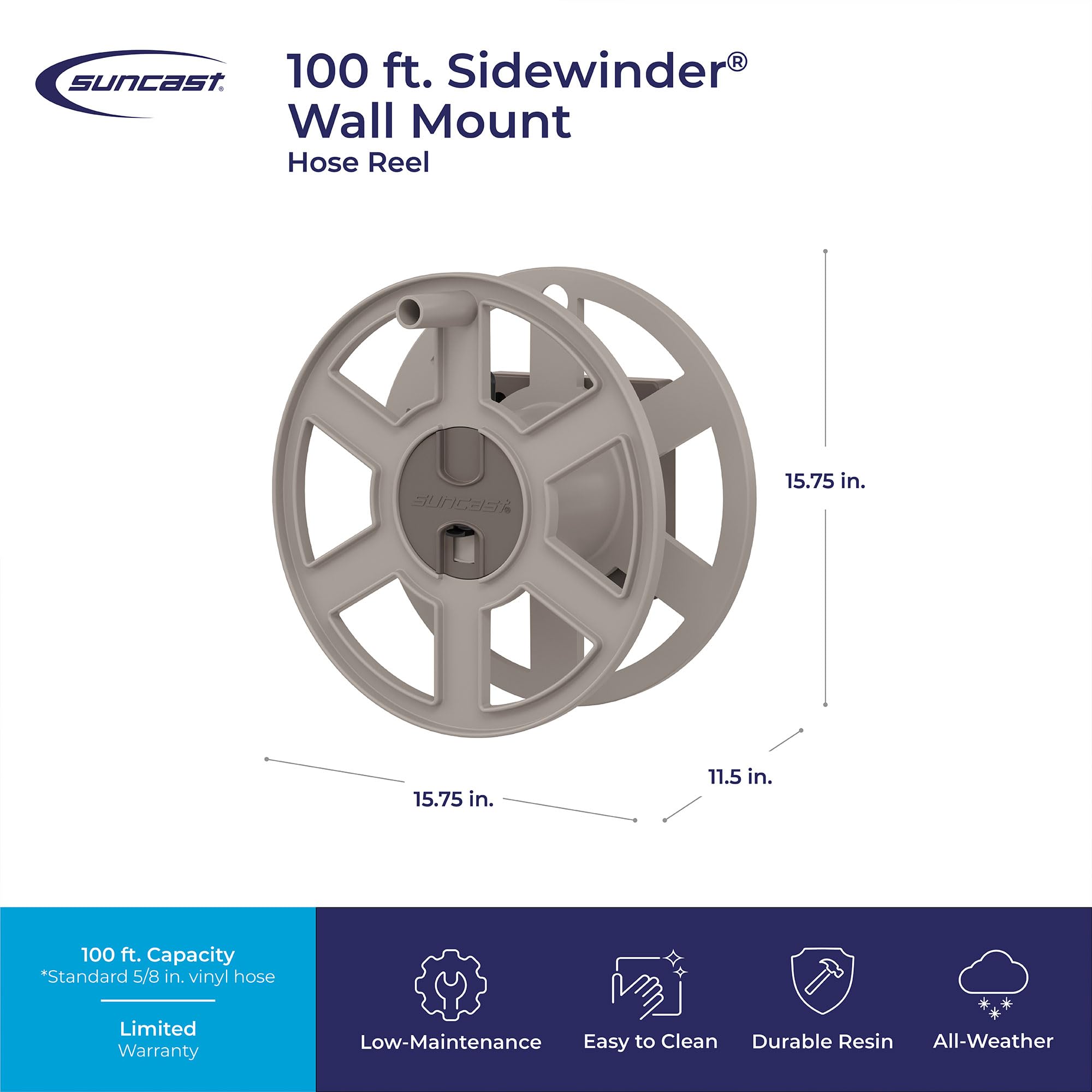 Suncast 100 ft Garden Hose Holder Wall Mount, Taupe Heavy-Duty Wall Mounted Water Hose Reel for Outside Use, Manually Retractable Sidewinder, Open Space-Saving Storage, Made in the USA - Image 3