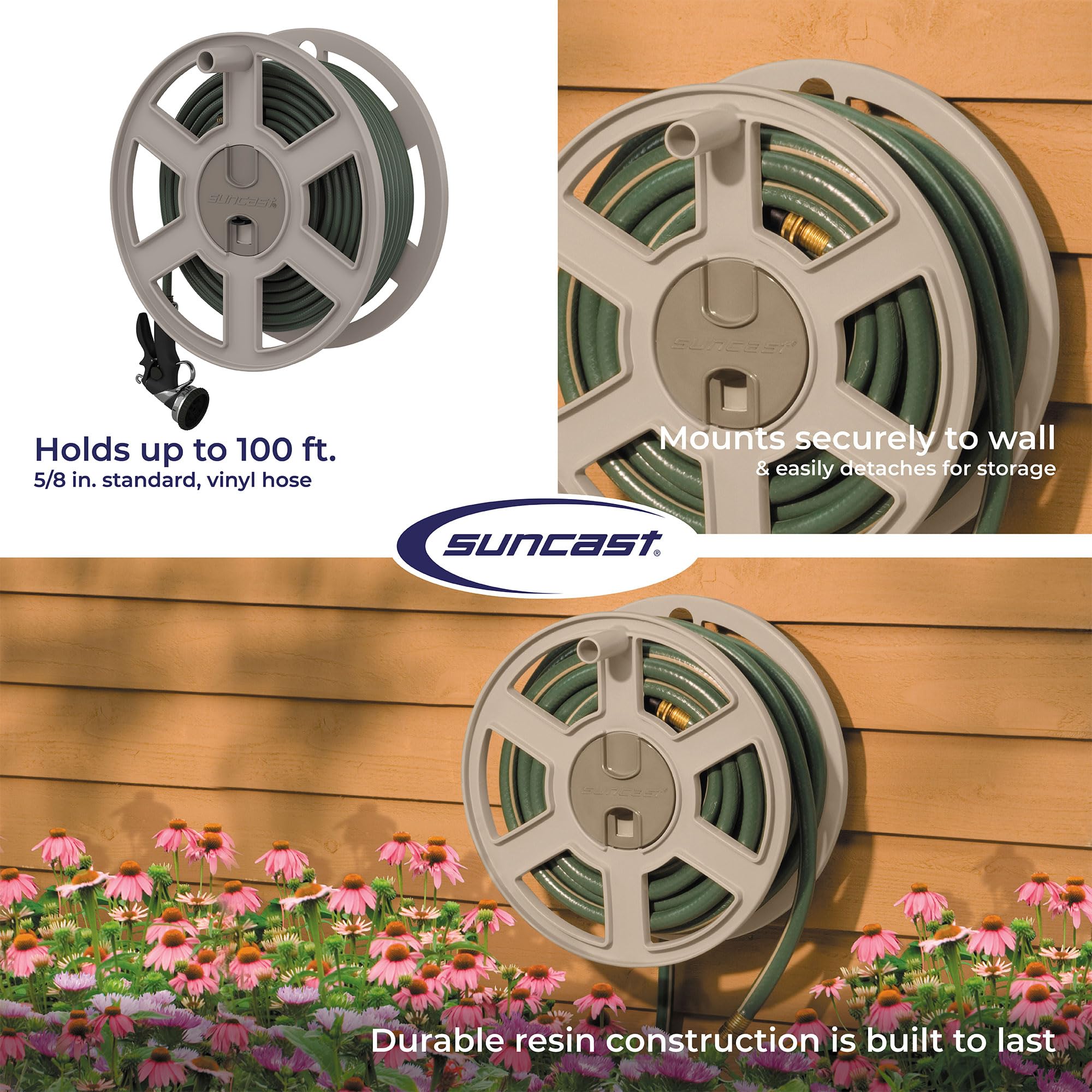 Suncast 100 ft Garden Hose Holder Wall Mount, Taupe Heavy-Duty Wall Mounted Water Hose Reel for Outside Use, Manually Retractable Sidewinder, Open Space-Saving Storage, Made in the USA - Image 4