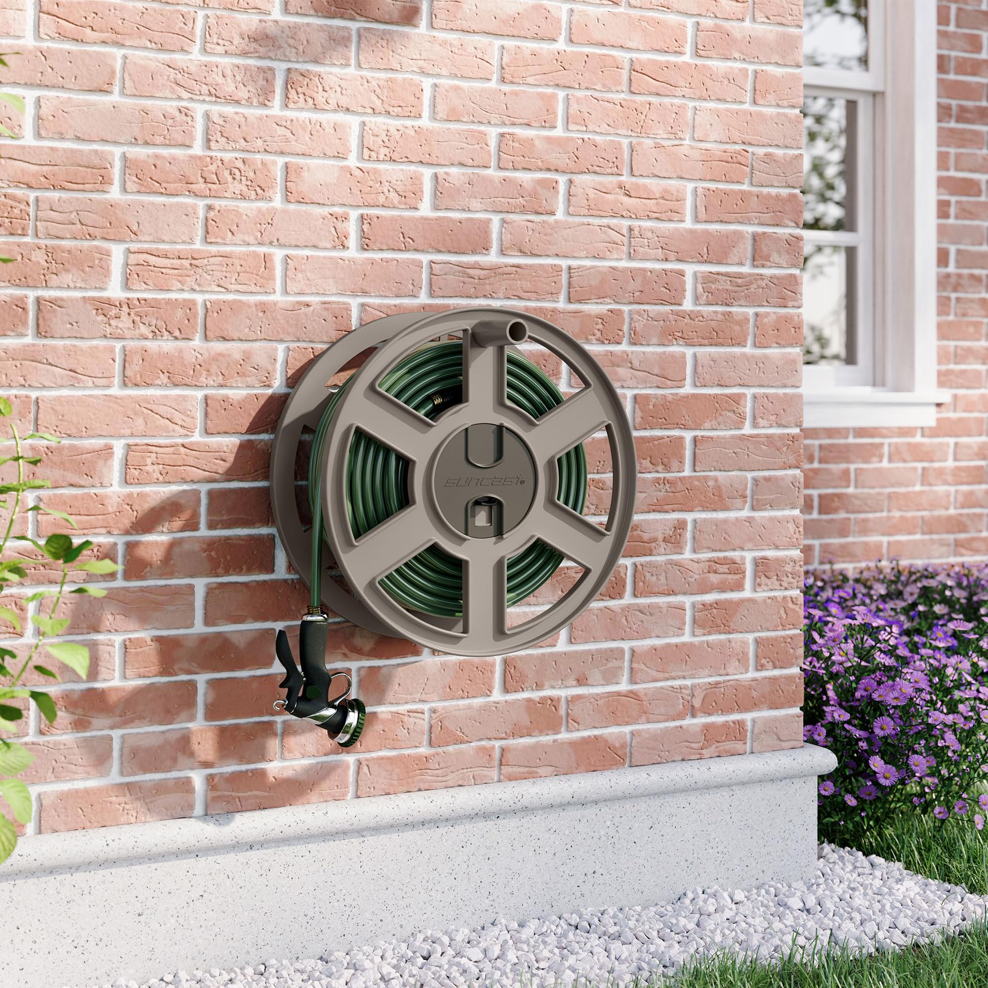 Suncast 100 ft Garden Hose Holder Wall Mount, Taupe Heavy-Duty Wall Mounted Water Hose Reel for Outside Use, Manually Retractable Sidewinder, Open Space-Saving Storage, Made in the USA - Image 5