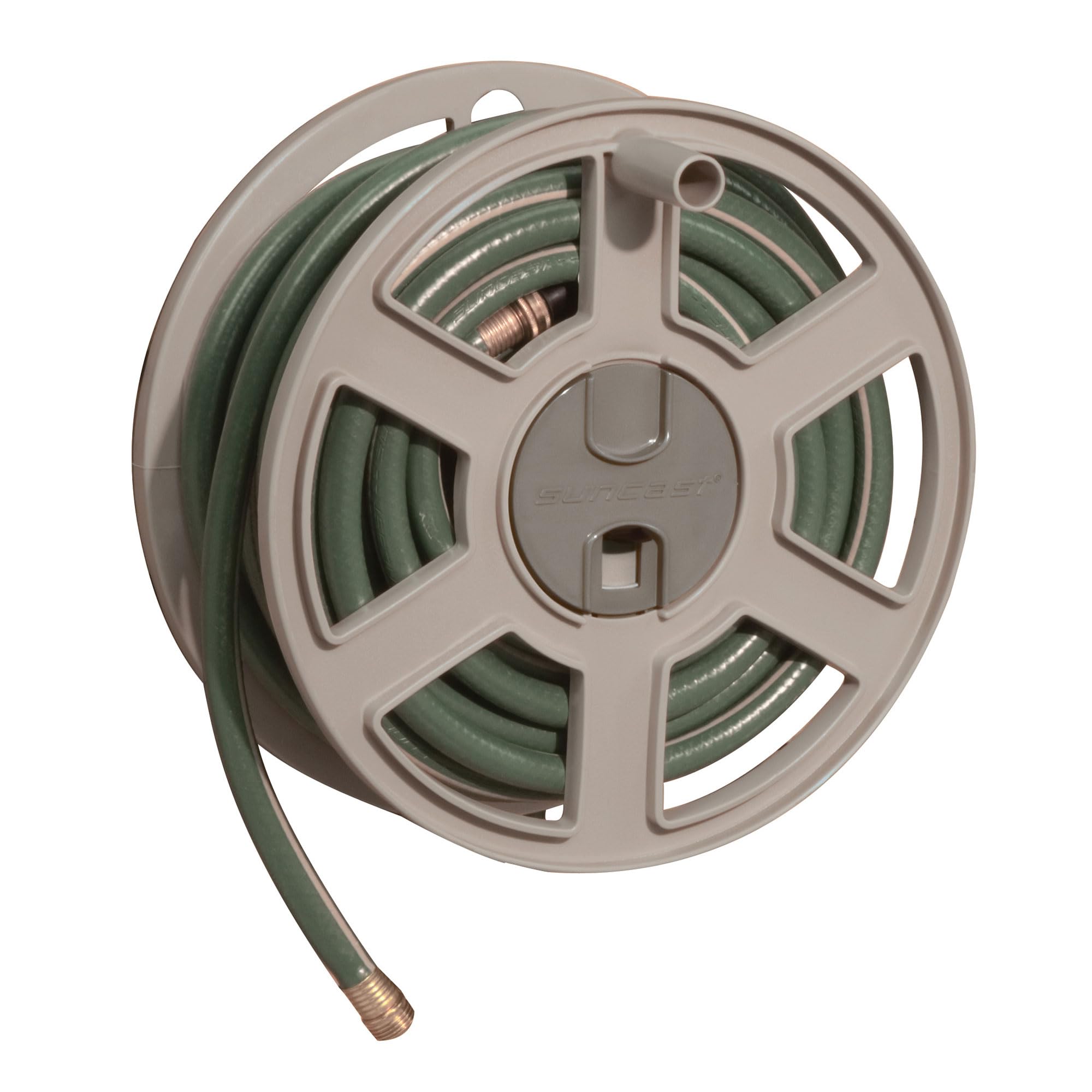 Suncast 100 ft Garden Hose Holder Wall Mount, Taupe Heavy-Duty Wall Mounted Water Hose Reel for Outside Use, Manually Retractable Sidewinder, Open Space-Saving Storage, Made in the USA - Image 6