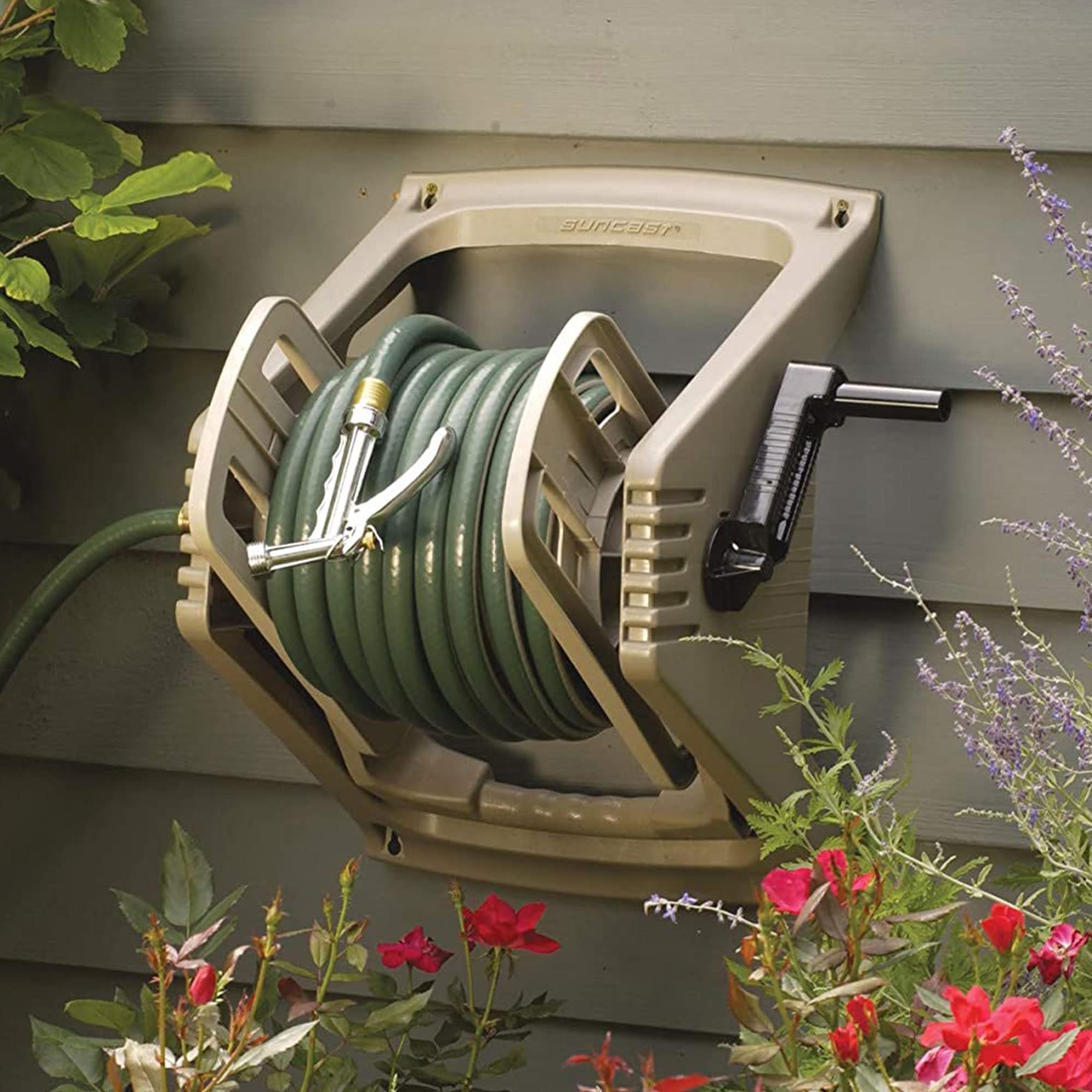 Suncast 100 ft. Tote or Wall Mount Resin Garden Hose Reel with Lid, Taupe - Image 8