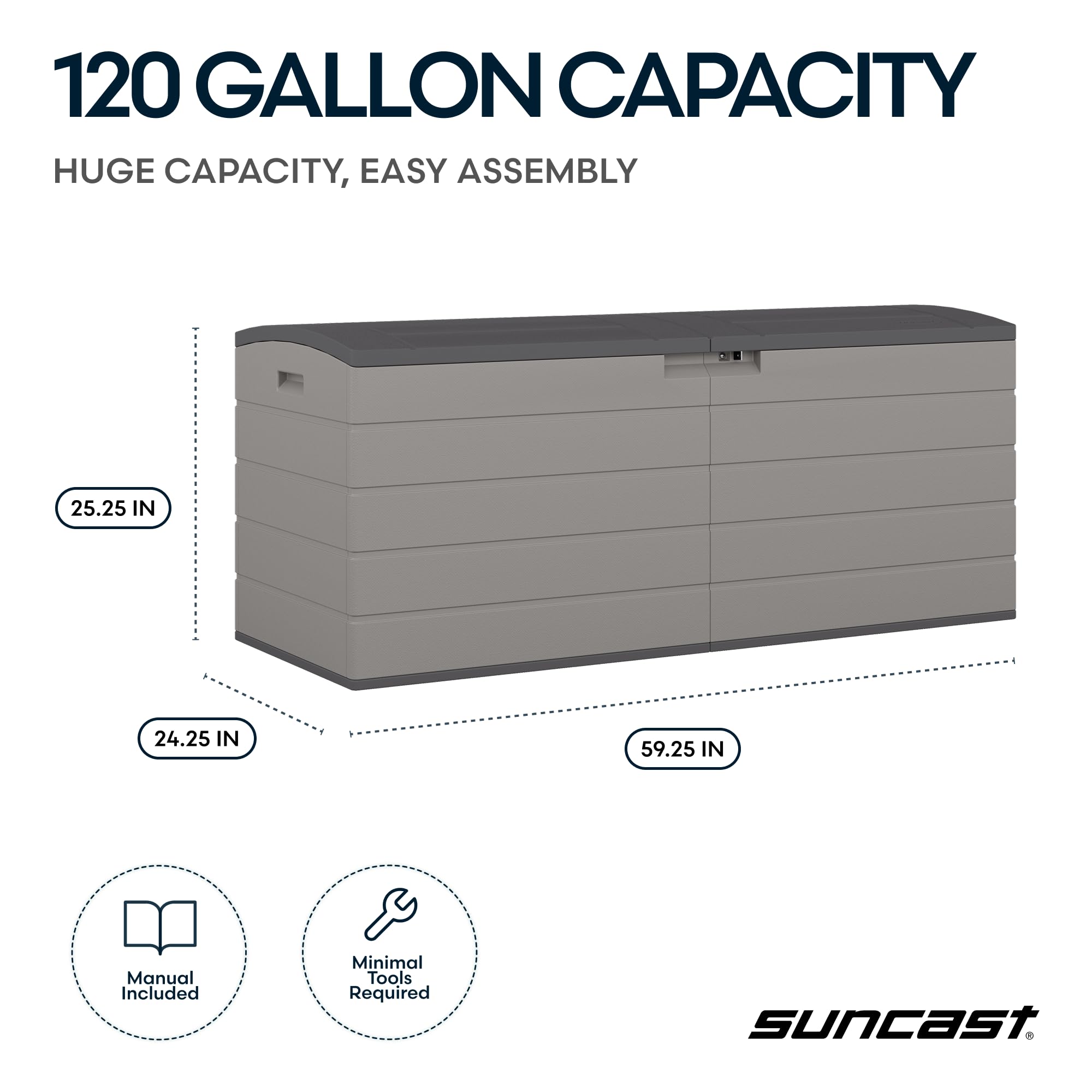Suncast 120 Gallon Deck Box - Resin Outdoor Storage Box for Patio Cushions, Pool Accessories, & Garden Tools, Lockable Outdoor Storage Bin with Split Lid, Extra Large Dove Gray Outside Container - Image 3