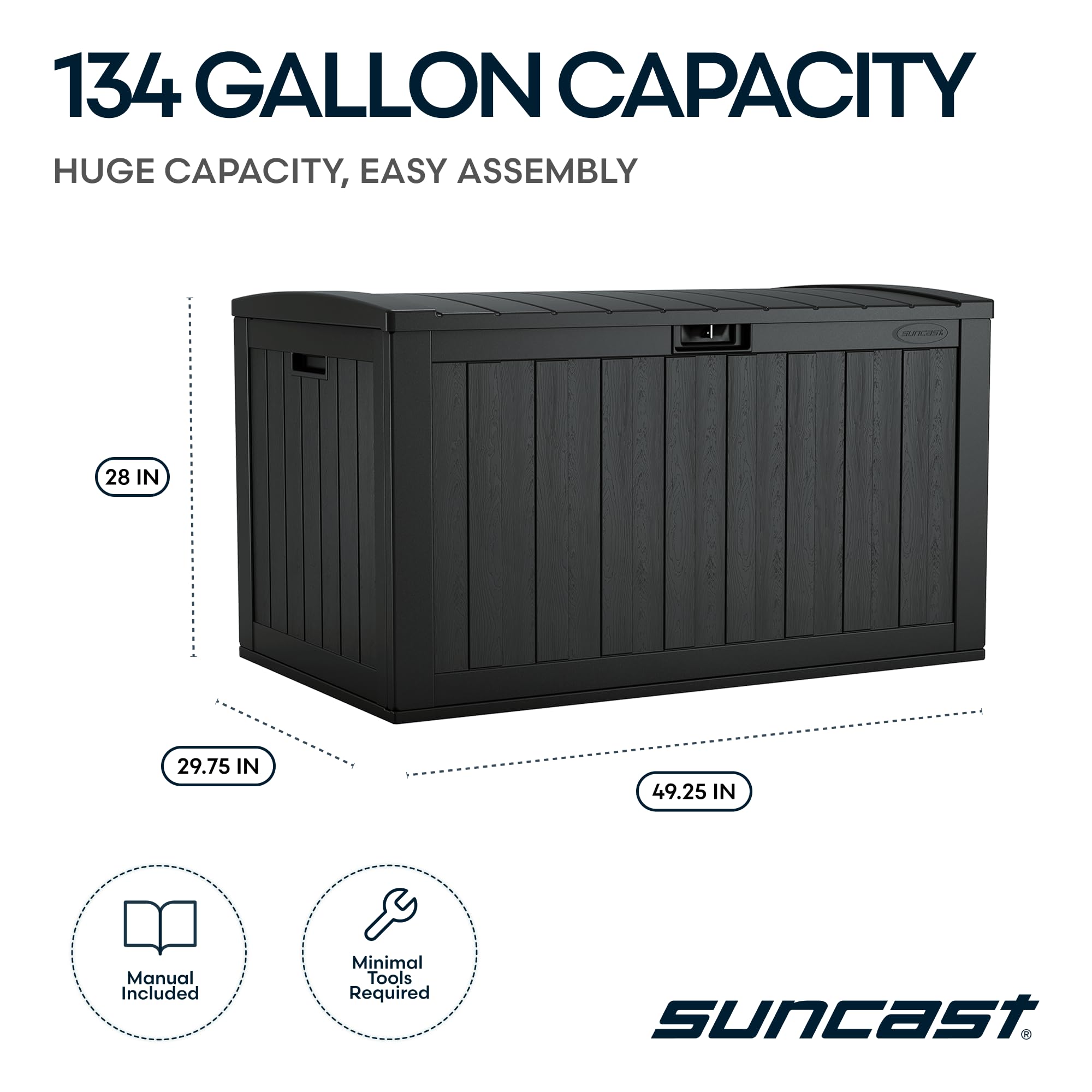 Suncast 134-Gal. Resin Extra-Large Outdoor Patio Deck Box with Pad-Lockable Lid, Modern Outdoor Patio Bench/Storage Box for Cushions, Garden Tools, and More, Iron Ore - Image 3