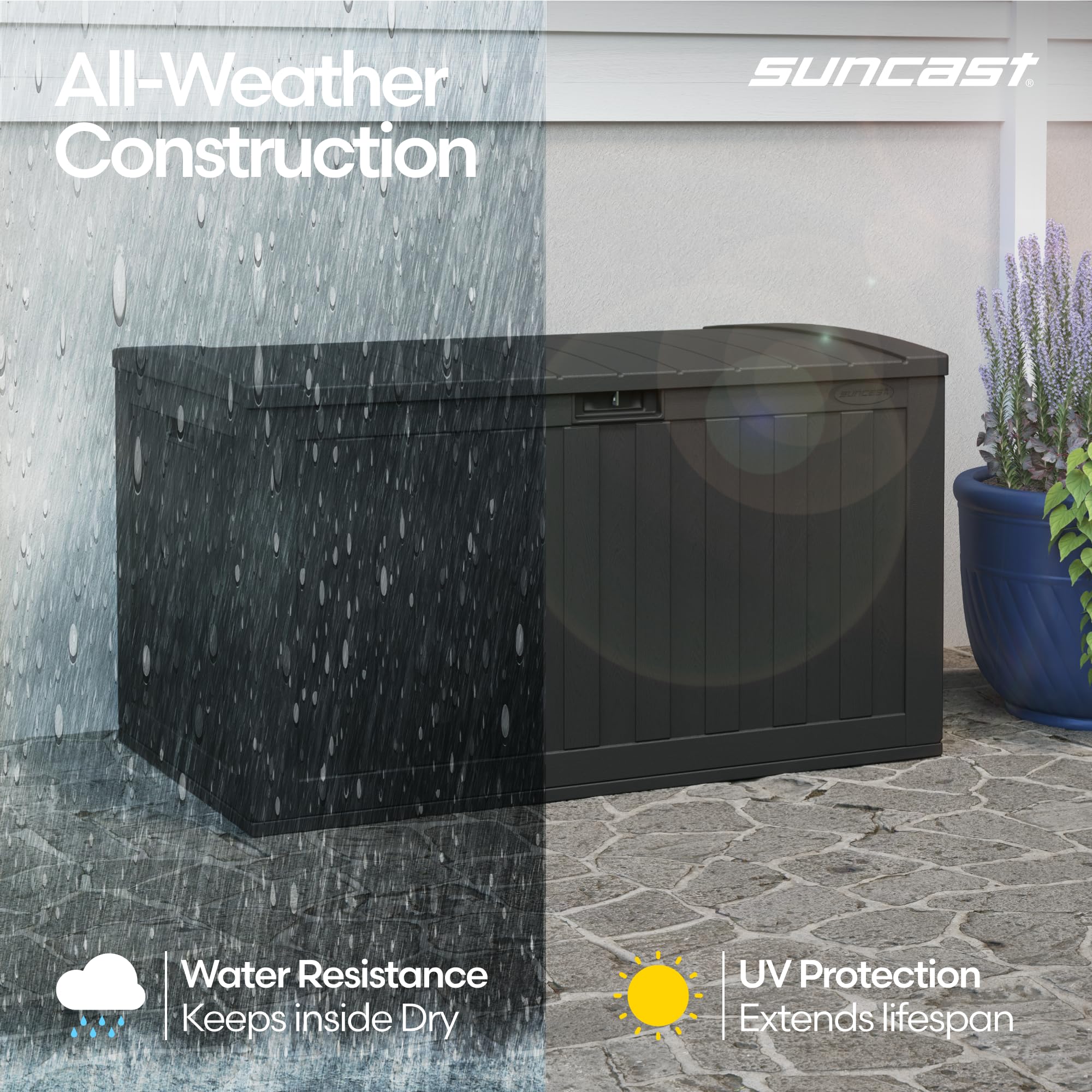Suncast 134-Gal. Resin Extra-Large Outdoor Patio Deck Box with Pad-Lockable Lid, Modern Outdoor Patio Bench/Storage Box for Cushions, Garden Tools, and More, Iron Ore - Image 4