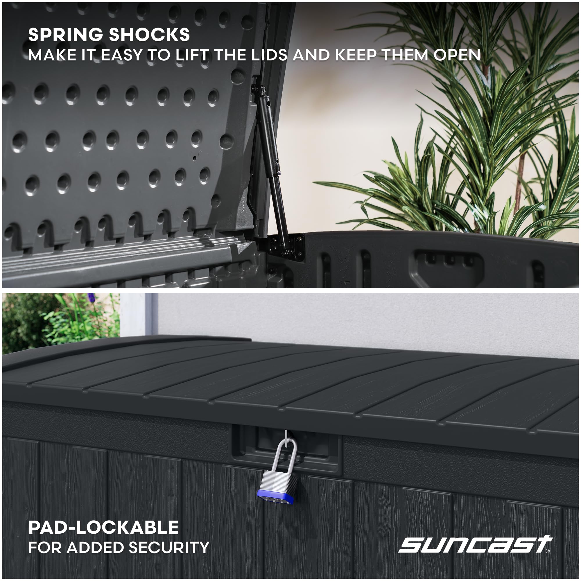 Suncast 134-Gal. Resin Extra-Large Outdoor Patio Deck Box with Pad-Lockable Lid, Modern Outdoor Patio Bench/Storage Box for Cushions, Garden Tools, and More, Iron Ore - Image 6