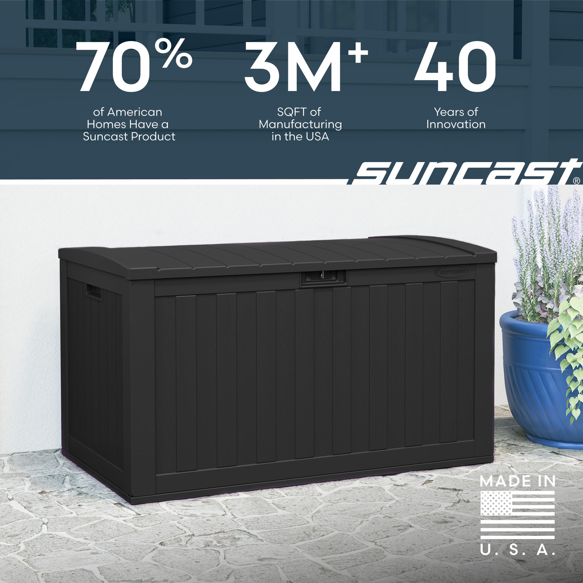Suncast 134-Gal. Resin Extra-Large Outdoor Patio Deck Box with Pad-Lockable Lid, Modern Outdoor Patio Bench/Storage Box for Cushions, Garden Tools, and More, Iron Ore - Image 8