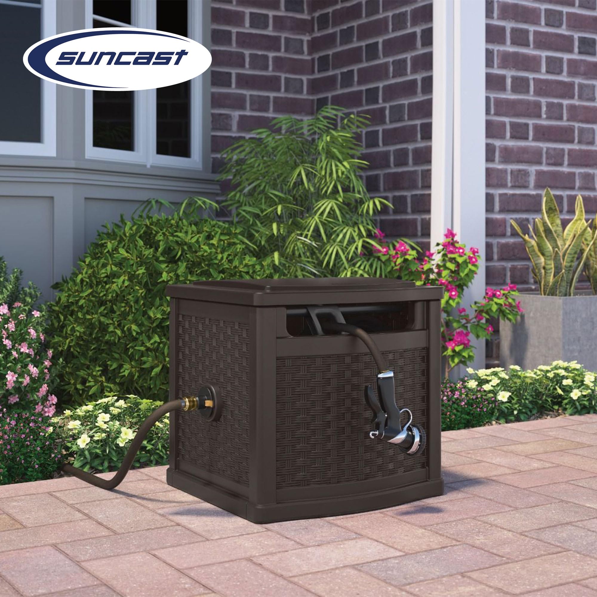 Suncast 150 Foot Slide Trak Outdoor Garden Wicker Resin Water Hose and Reel Hideaway with Brass Connections for Patio or Backyard, Java - Image 4