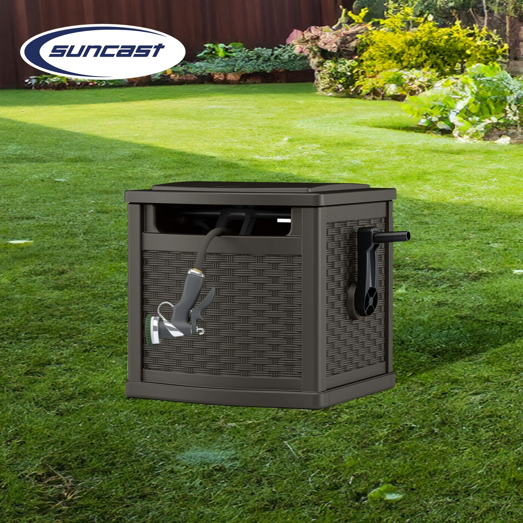 Suncast 150 Foot Slide Trak Outdoor Garden Wicker Resin Water Hose and Reel Hideaway with Brass Connections for Patio or Backyard, Java - Image 5