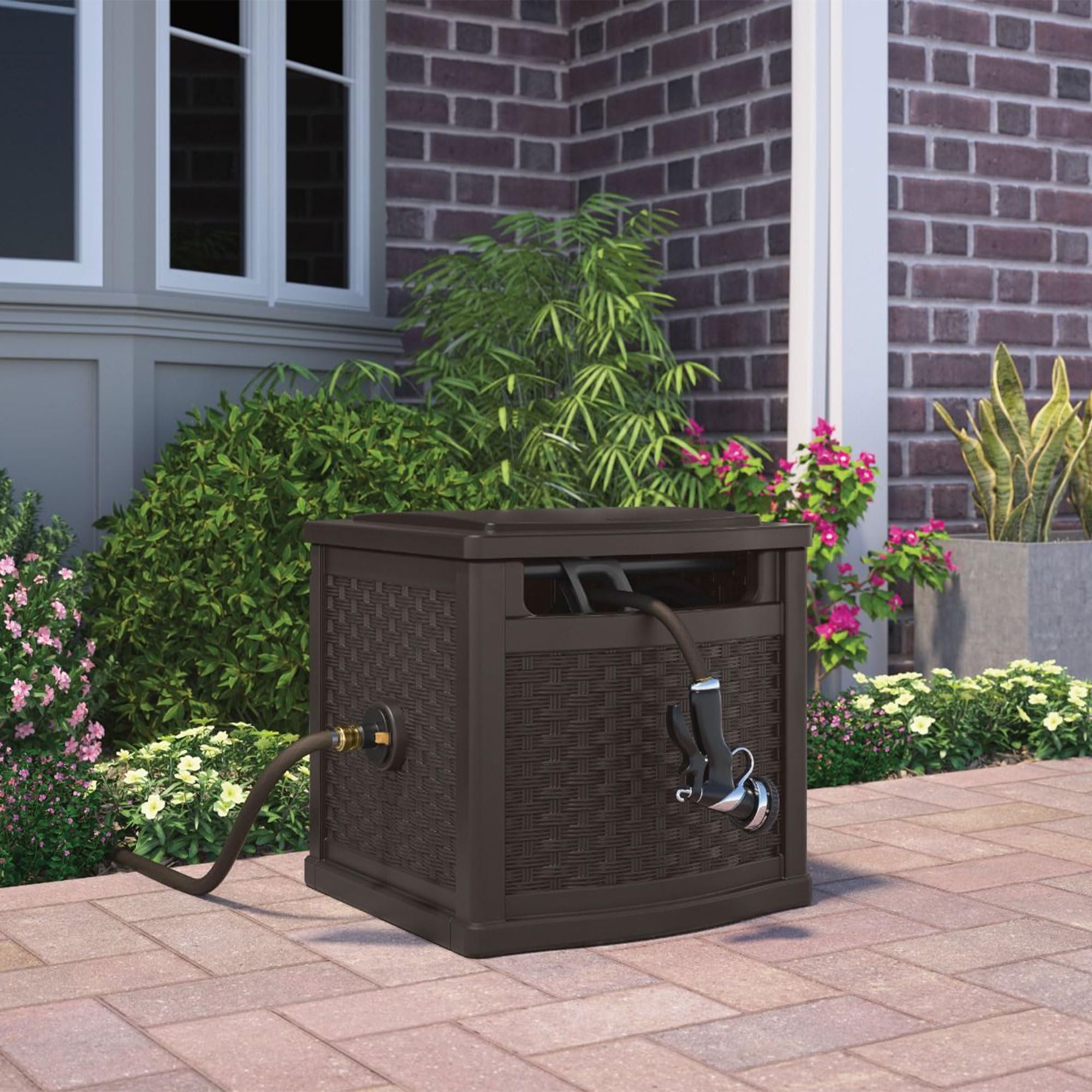Suncast 150 Foot Slide Trak Outdoor Garden Wicker Resin Water Hose and Reel Hideaway with Brass Connections for Patio or Backyard, Java - Image 6