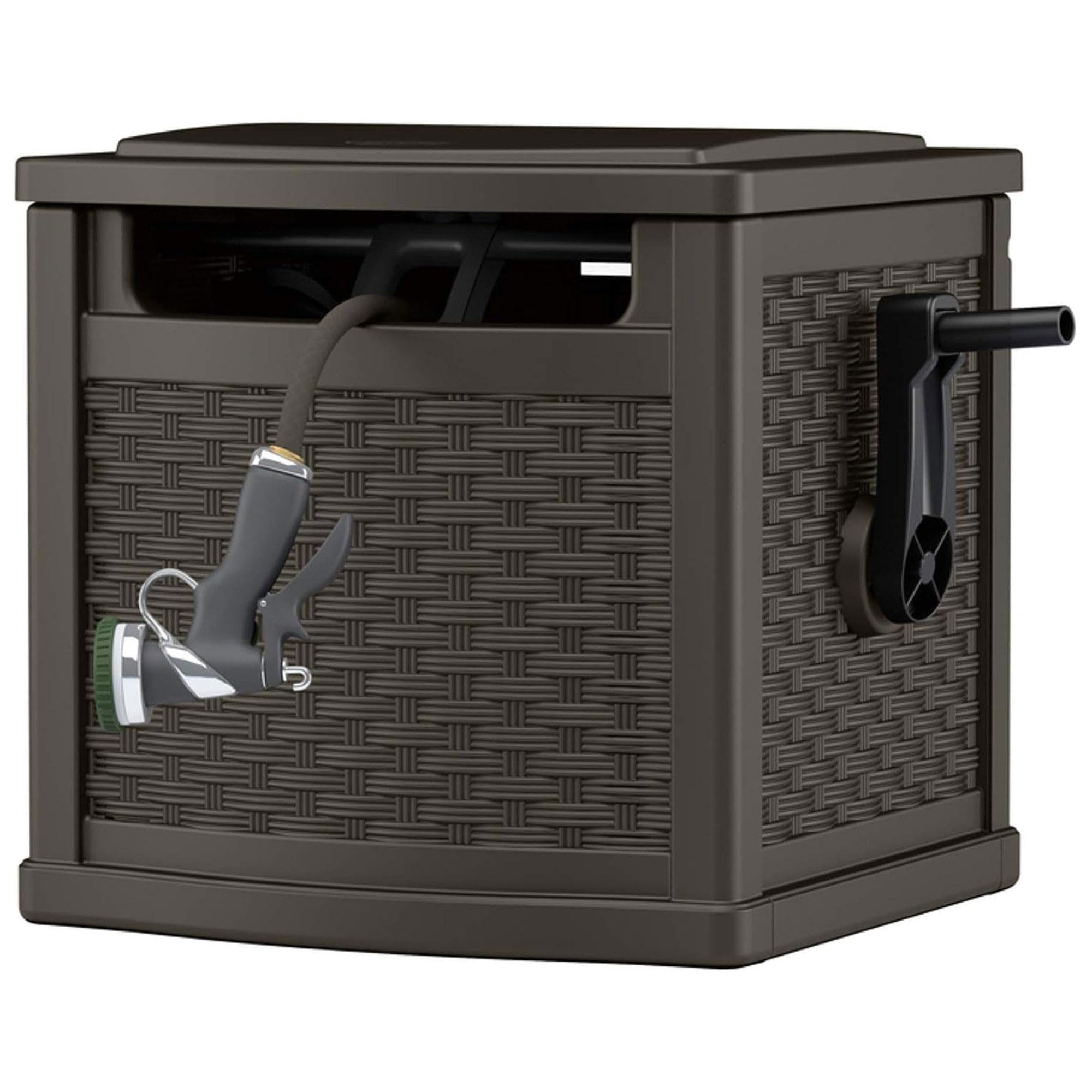 Suncast 150 Foot Slide Trak Outdoor Garden Wicker Resin Water Hose and Reel Hideaway with Brass Connections for Patio or Backyard, Java - Image 7
