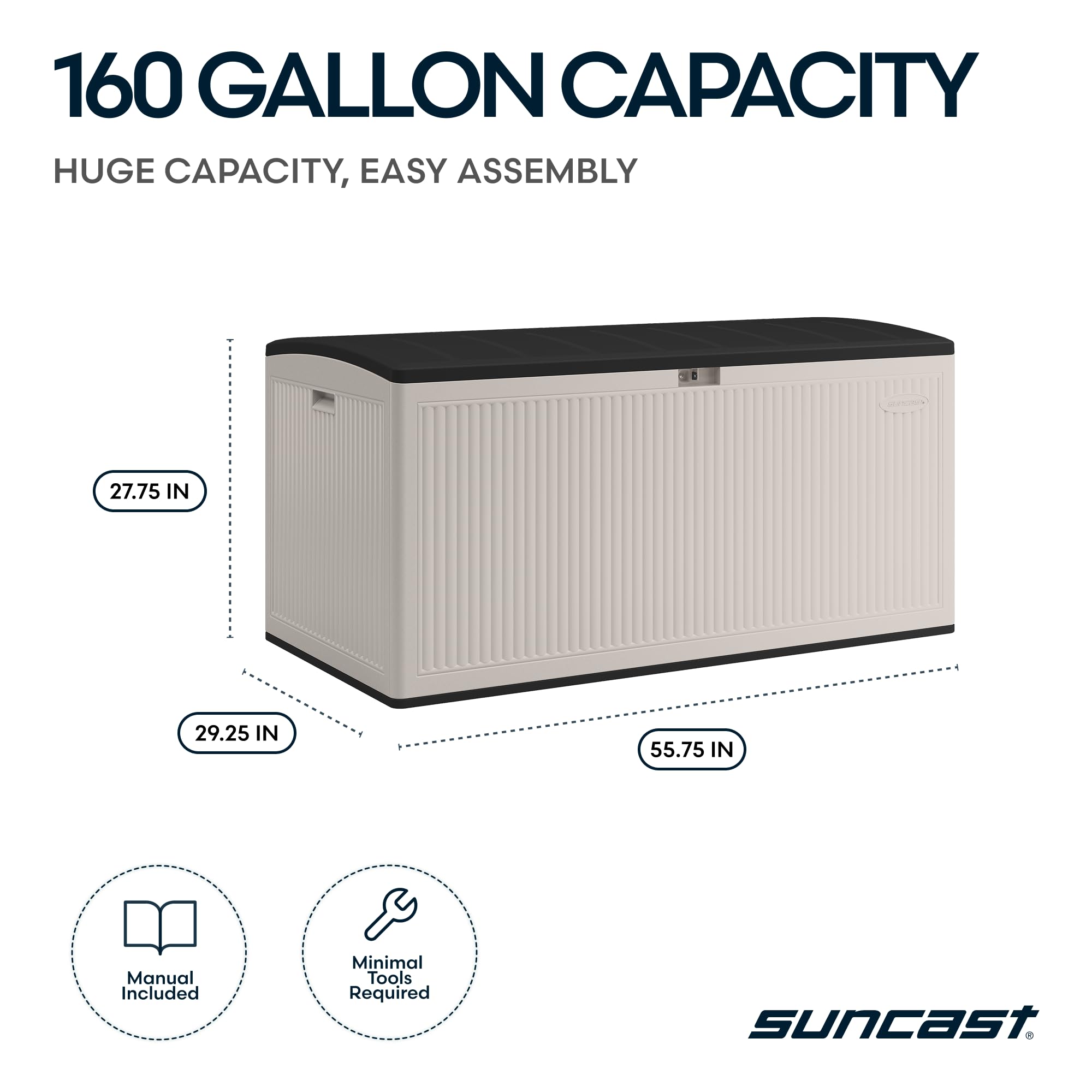 Suncast 160-Gal. Resin Extra-Large Outdoor Patio Deck Box with Pad-Lockable Lid, Modern Reeded Outdoor Patio Bench/Storage Box for Cushions, Garden Tools, and More, Iron Ore/French Gray - Image 3