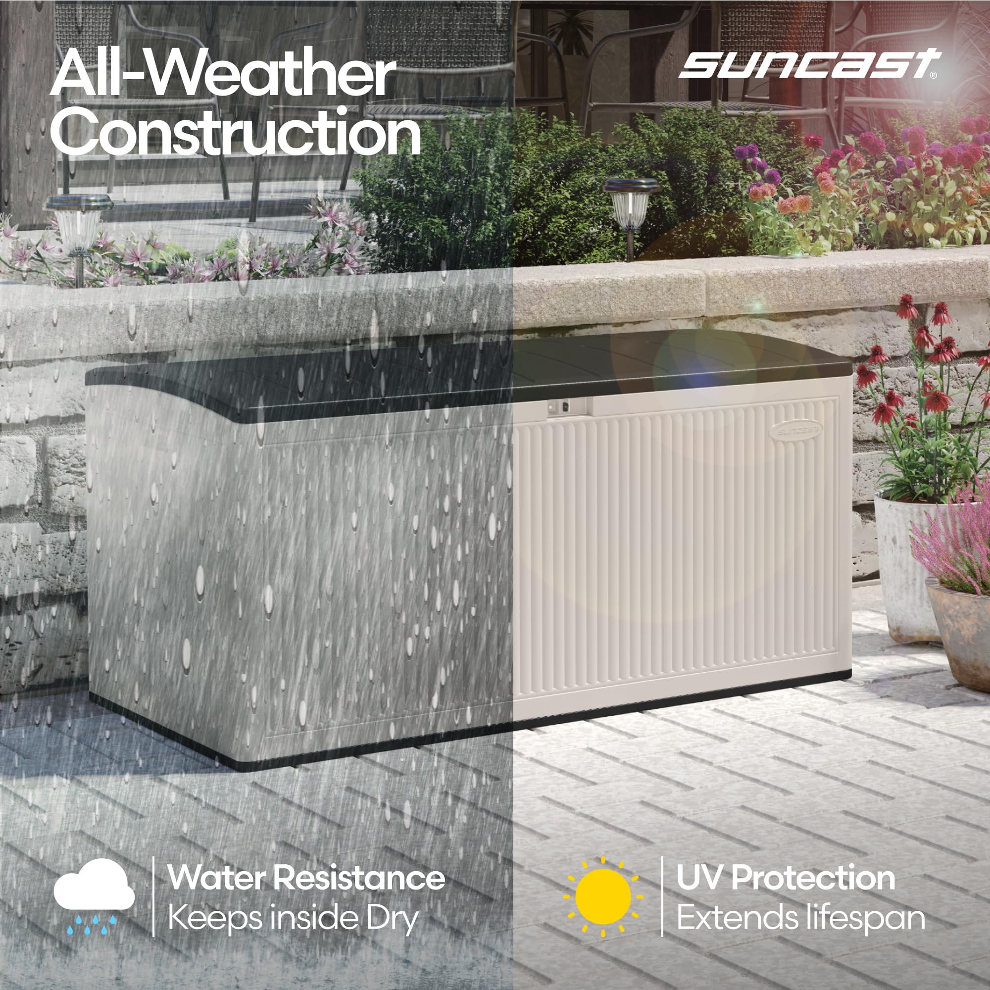 Suncast 160-Gal. Resin Extra-Large Outdoor Patio Deck Box with Pad-Lockable Lid, Modern Reeded Outdoor Patio Bench/Storage Box for Cushions, Garden Tools, and More, Iron Ore/French Gray - Image 4
