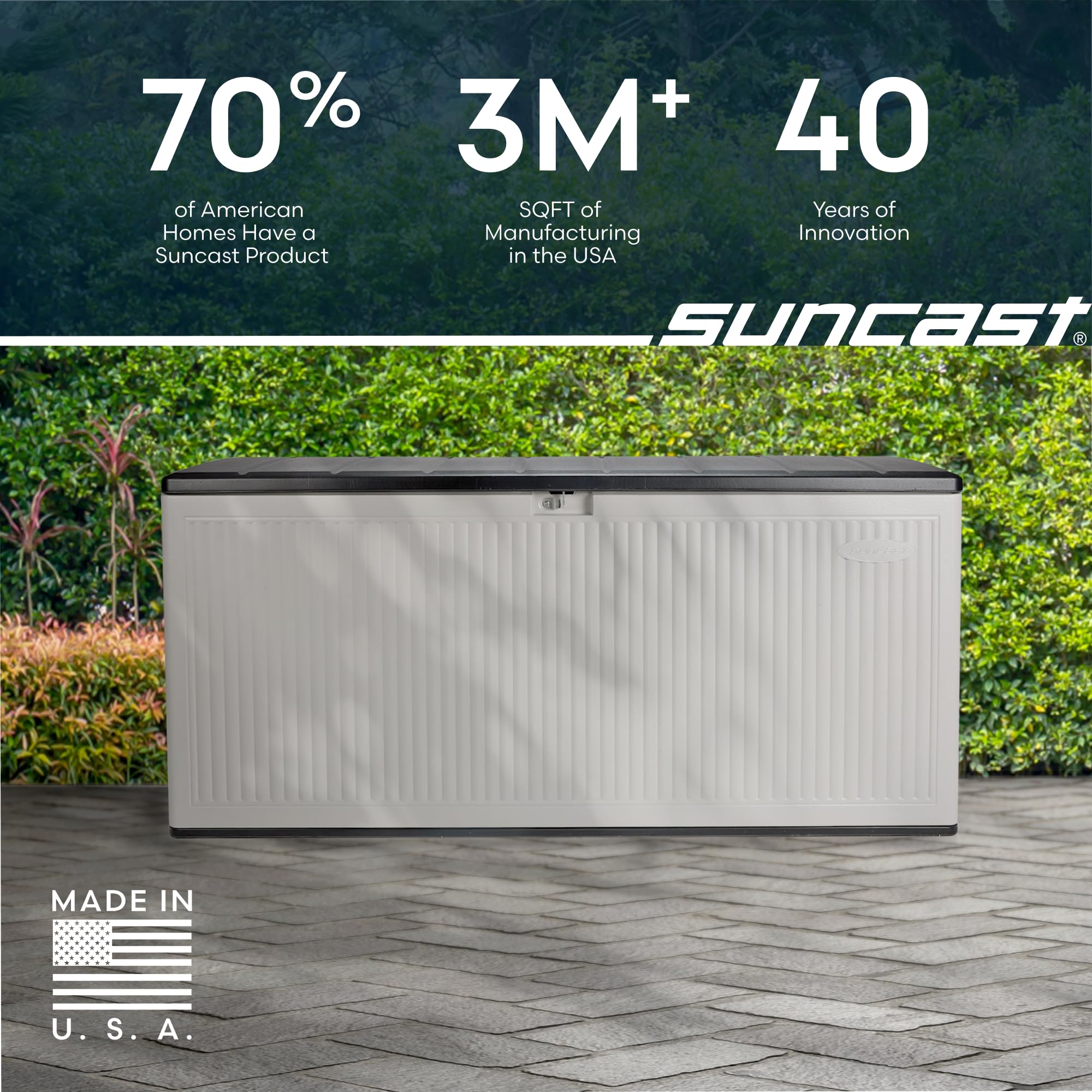 Suncast 160-Gal. Resin Extra-Large Outdoor Patio Deck Box with Pad-Lockable Lid, Modern Reeded Outdoor Patio Bench/Storage Box for Cushions, Garden Tools, and More, Iron Ore/French Gray - Image 7