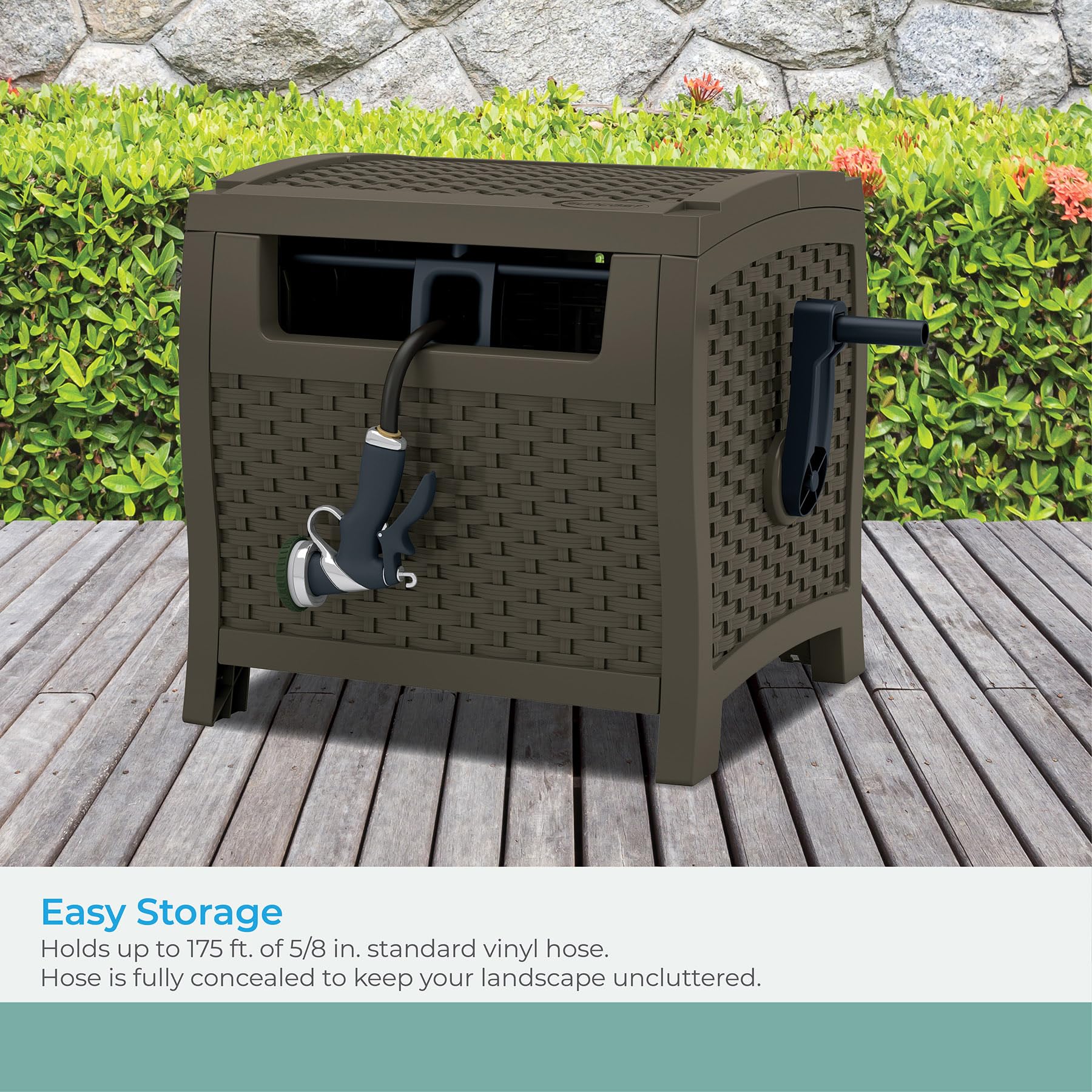 Suncast 175 ft. Wicker Style Resin Hose Hideaway with Hose Guide, Java, Mocha Brown - Image 6