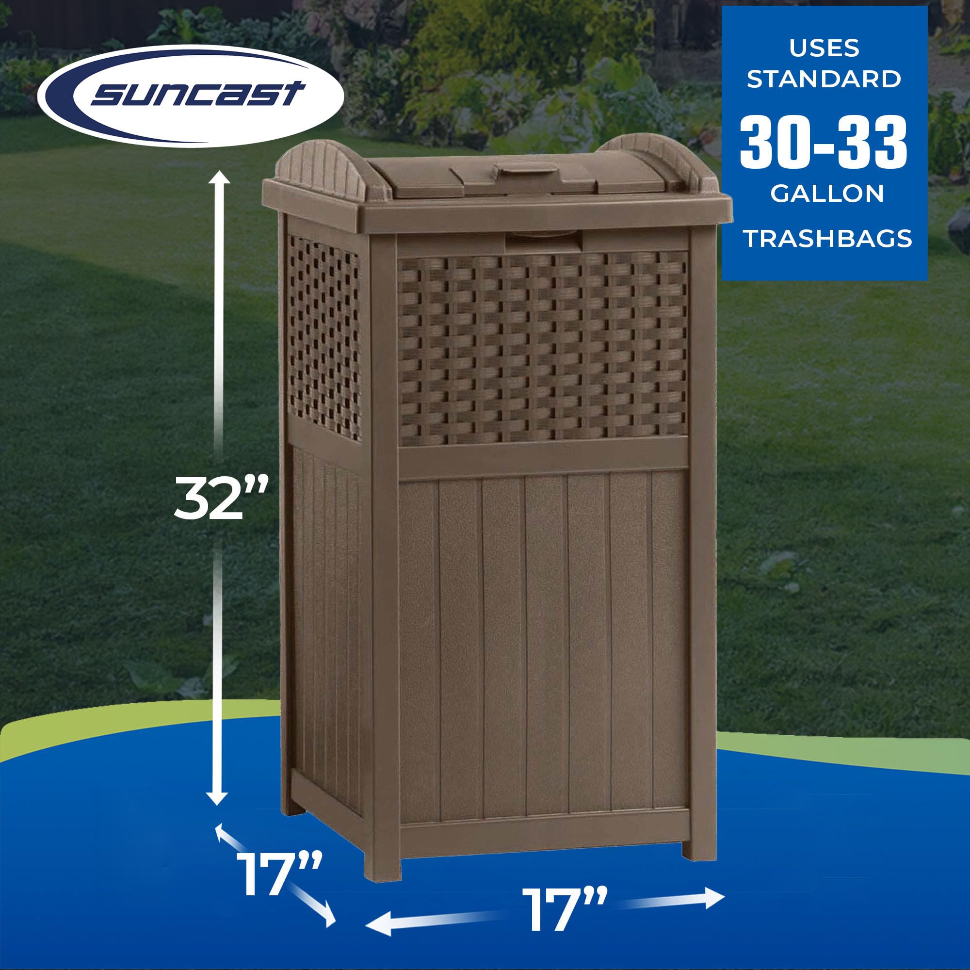 Suncast 2 Pack 33 Gallon Commercial Outdoor Trashcan Hideaway with Lid for 30 to 33 Gallon Trash Bags for Garage, Backyard, or Garden, Brown - Image 5