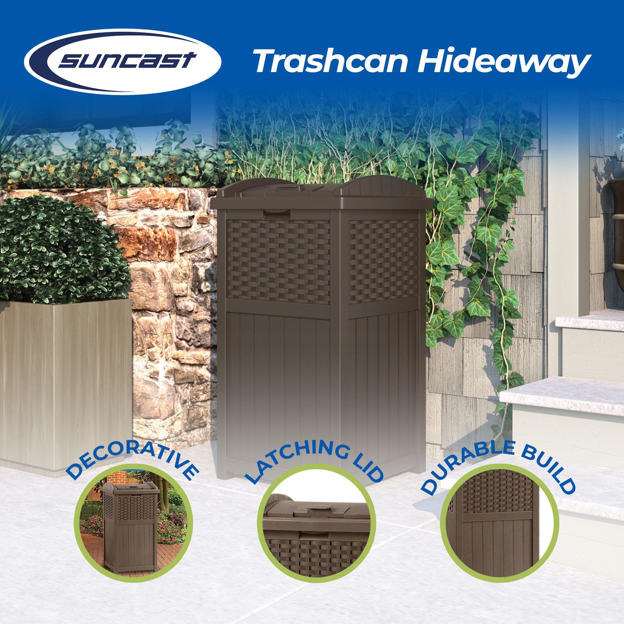 Suncast 2 Pack 33 Gallon Commercial Outdoor Trashcan Hideaway with Lid for 30 to 33 Gallon Trash Bags for Garage, Backyard, or Garden, Brown - Image 6