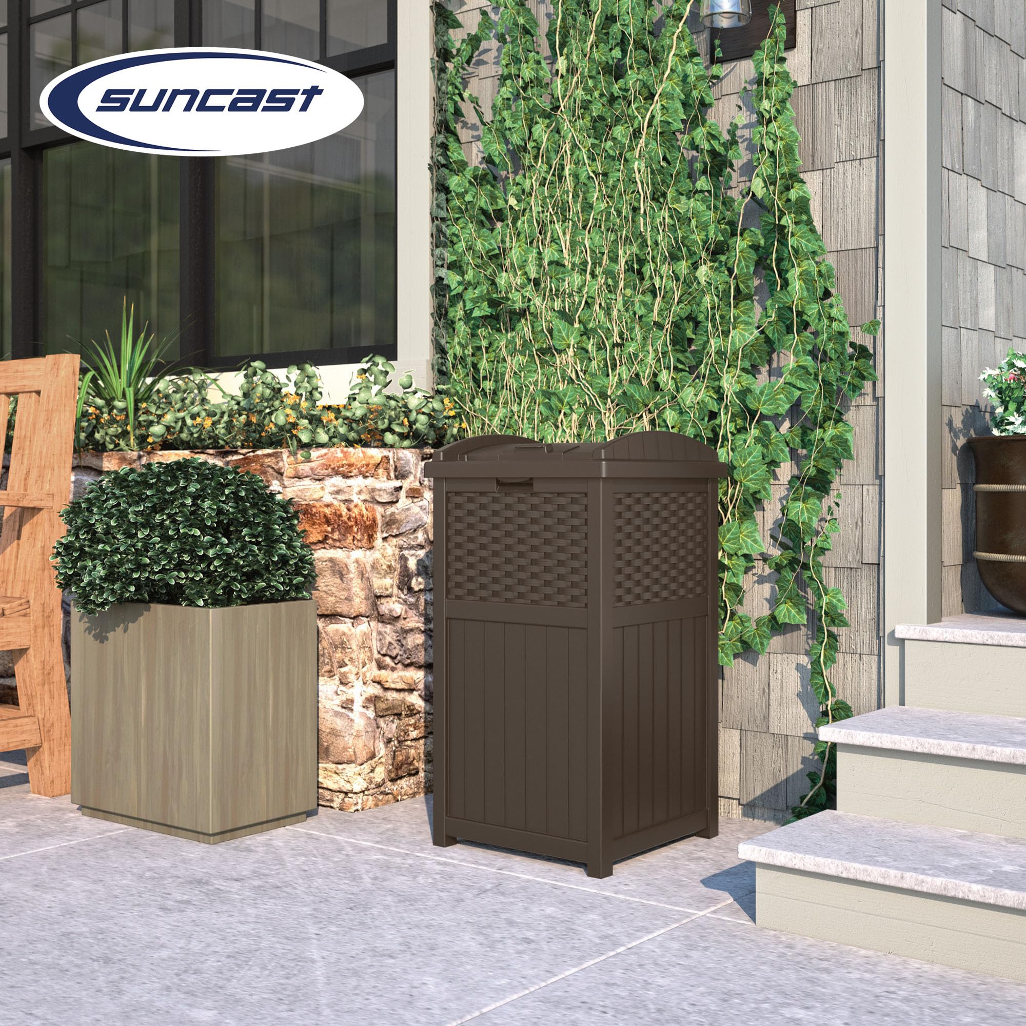 Suncast 2 Pack 33 Gallon Commercial Outdoor Trashcan Hideaway with Lid for 30 to 33 Gallon Trash Bags for Garage, Backyard, or Garden, Brown - Image 7