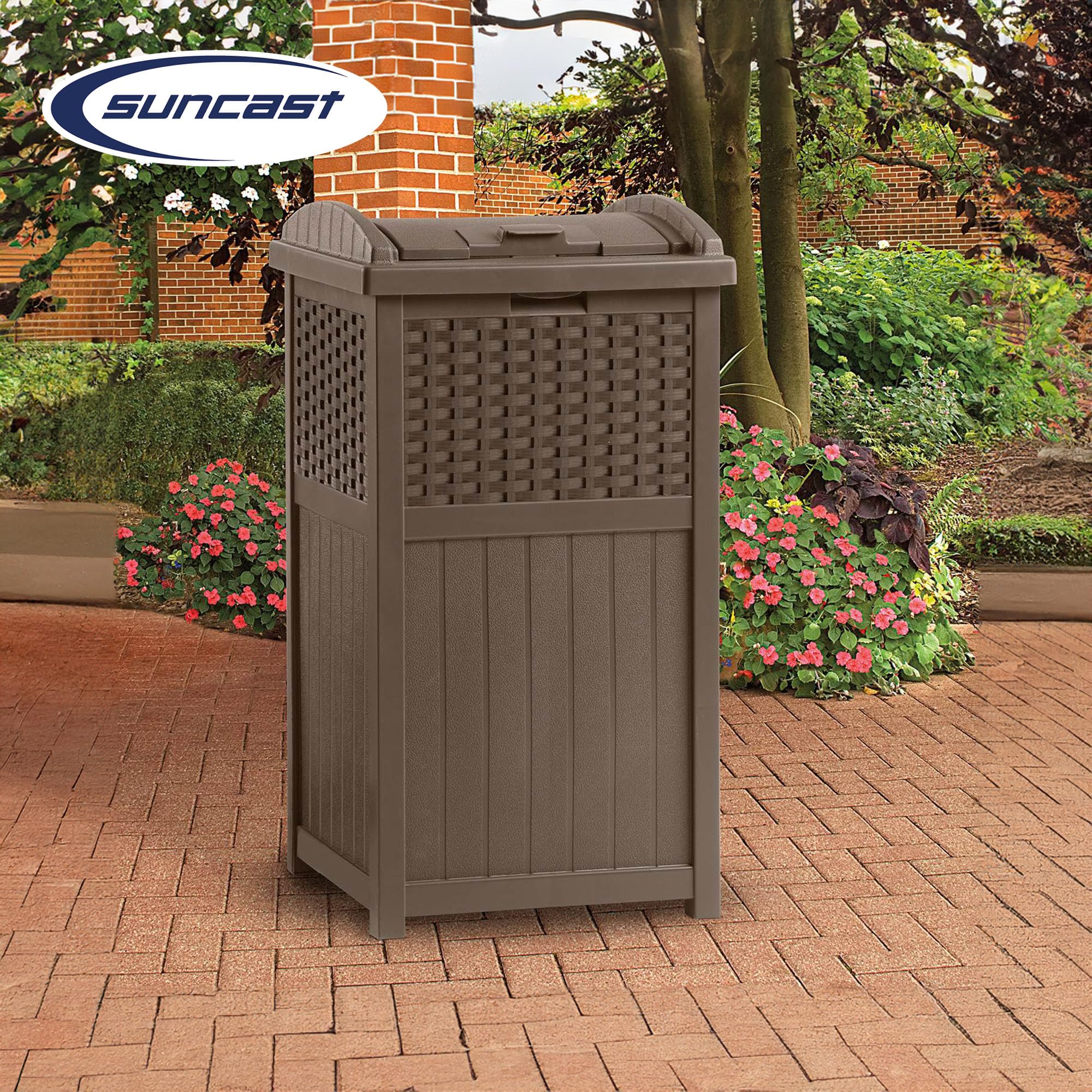 Suncast 2 Pack 33 Gallon Commercial Outdoor Trashcan Hideaway with Lid for 30 to 33 Gallon Trash Bags for Garage, Backyard, or Garden, Brown - Image 8