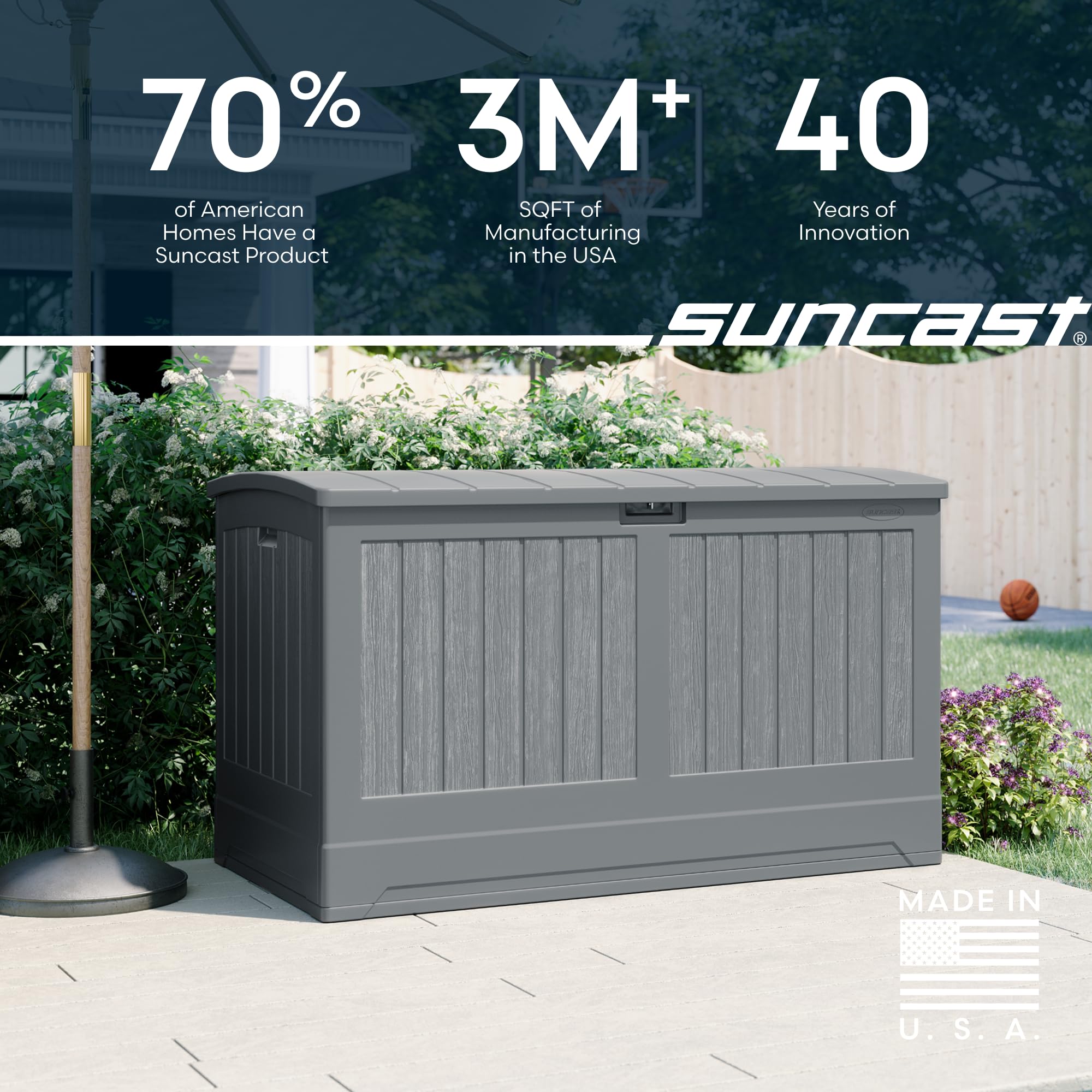 Suncast 200-gal. All-Weather Patio Deck Box, Made in the USA, with Pad-Lockable Lid, Extra-Large Outdoor Storage Unit for Patio Furniture and Grill Tools, Dove Gray Color - Image 7