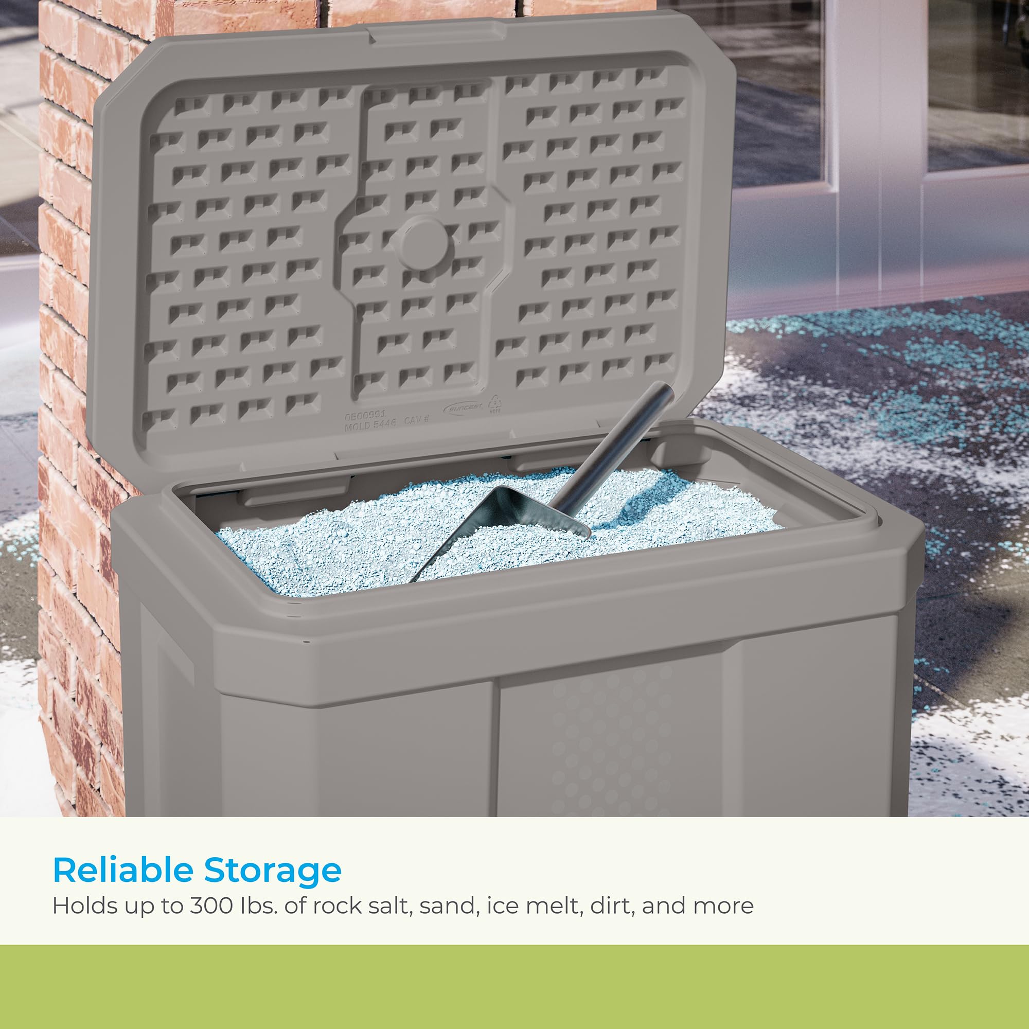 Suncast 28 Gallon Heavy Duty Storage Box, Durable, Multi-Purpose Container for Salt, Sand, Dirt, Ice Melt, and Outdoor Supplies, Made in the USA, Made in the USA - Image 4