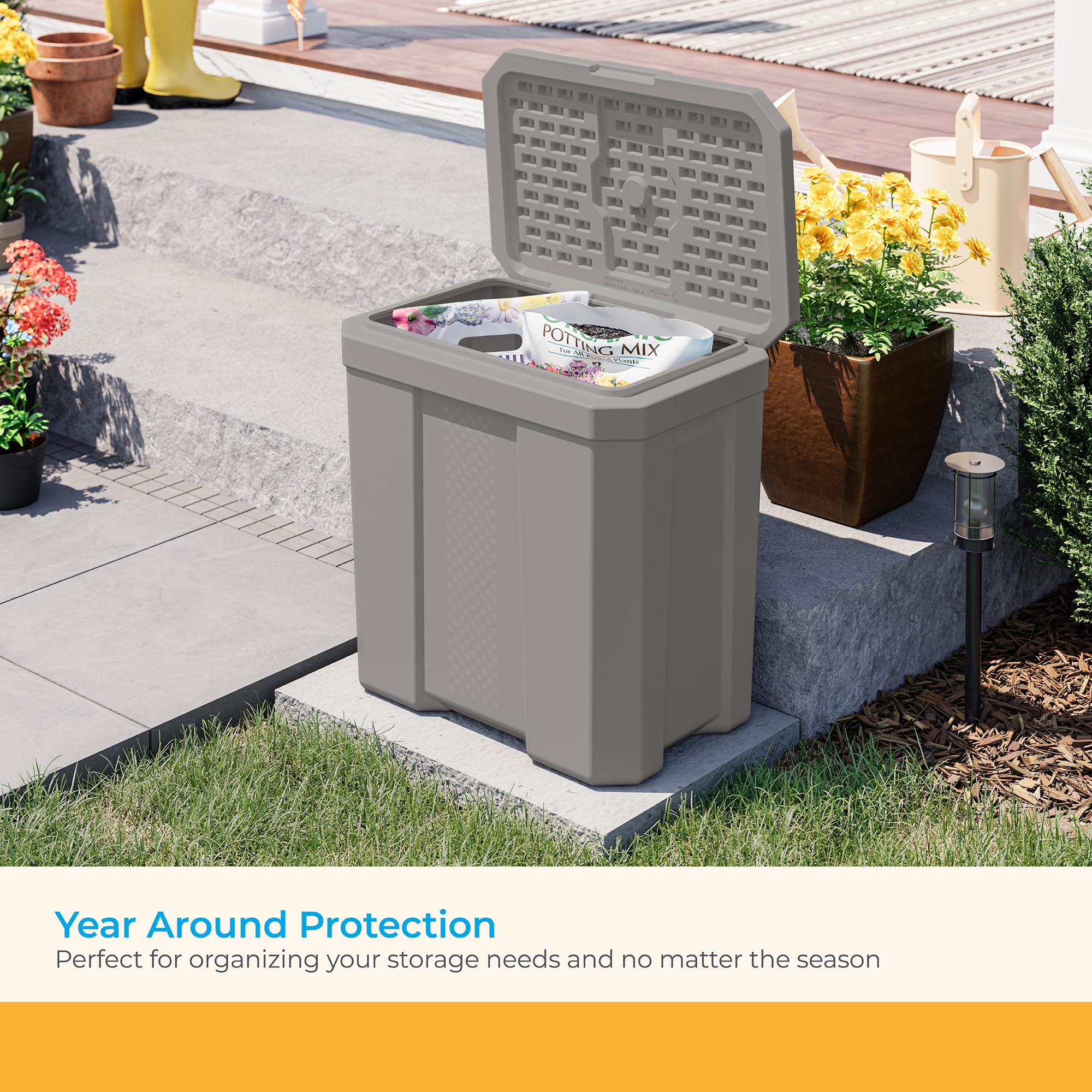 Suncast 28 Gallon Heavy Duty Storage Box, Durable, Multi-Purpose Container for Salt, Sand, Dirt, Ice Melt, and Outdoor Supplies, Made in the USA, Made in the USA - Image 5