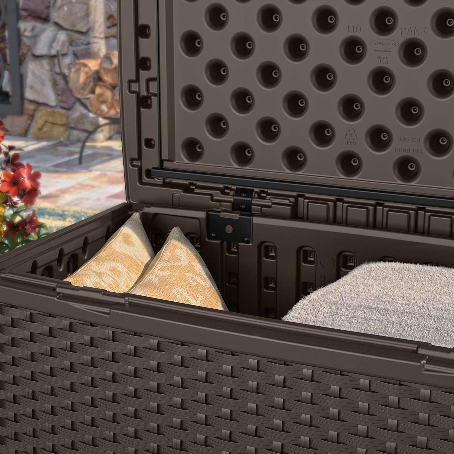 Suncast 30 Gallon Resin Outdoor Patio End Table Storage Box, Java, Made in the USA - Image 8