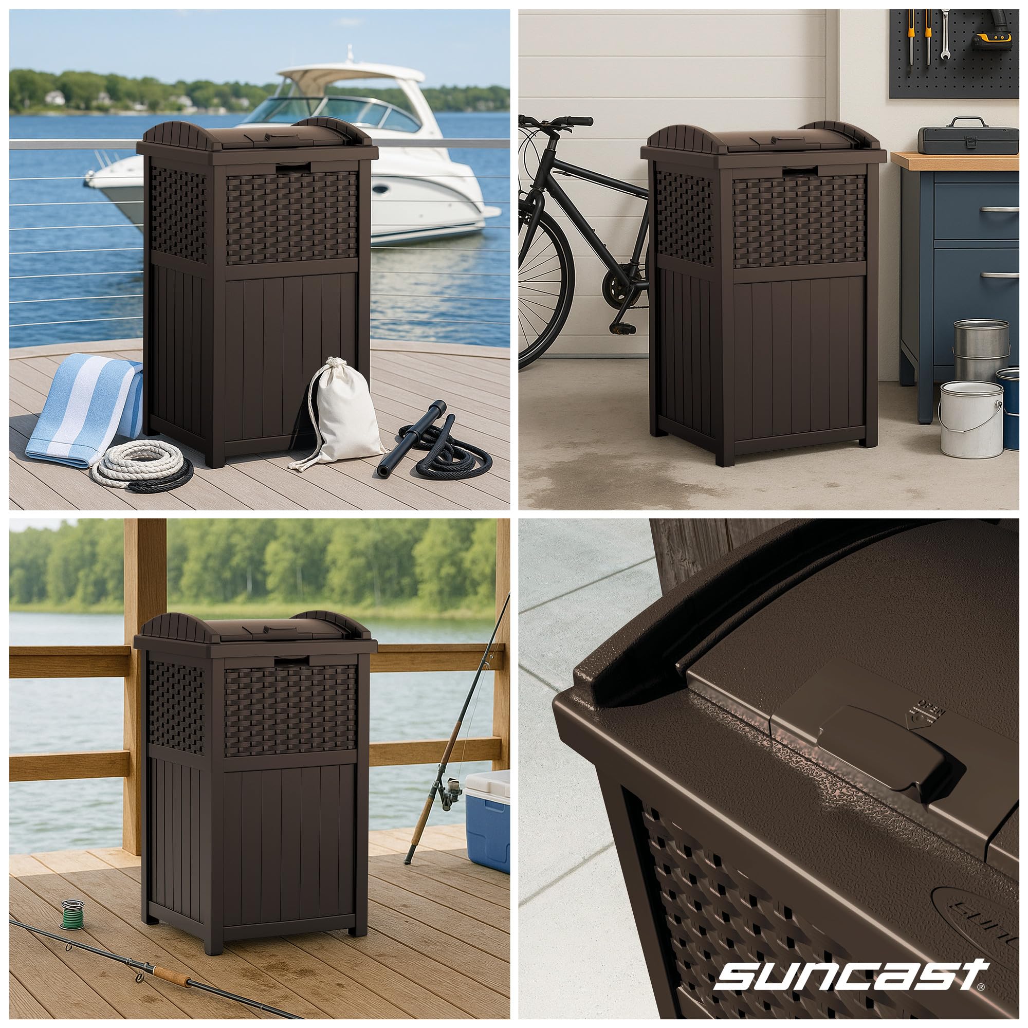 Suncast 33 Gallon Commercial Outdoor Trashcan Hideaway with Lid for 30 to 33 Gallon Trash Bags for Garage, Backyard, or Garden, Brown - Image 5