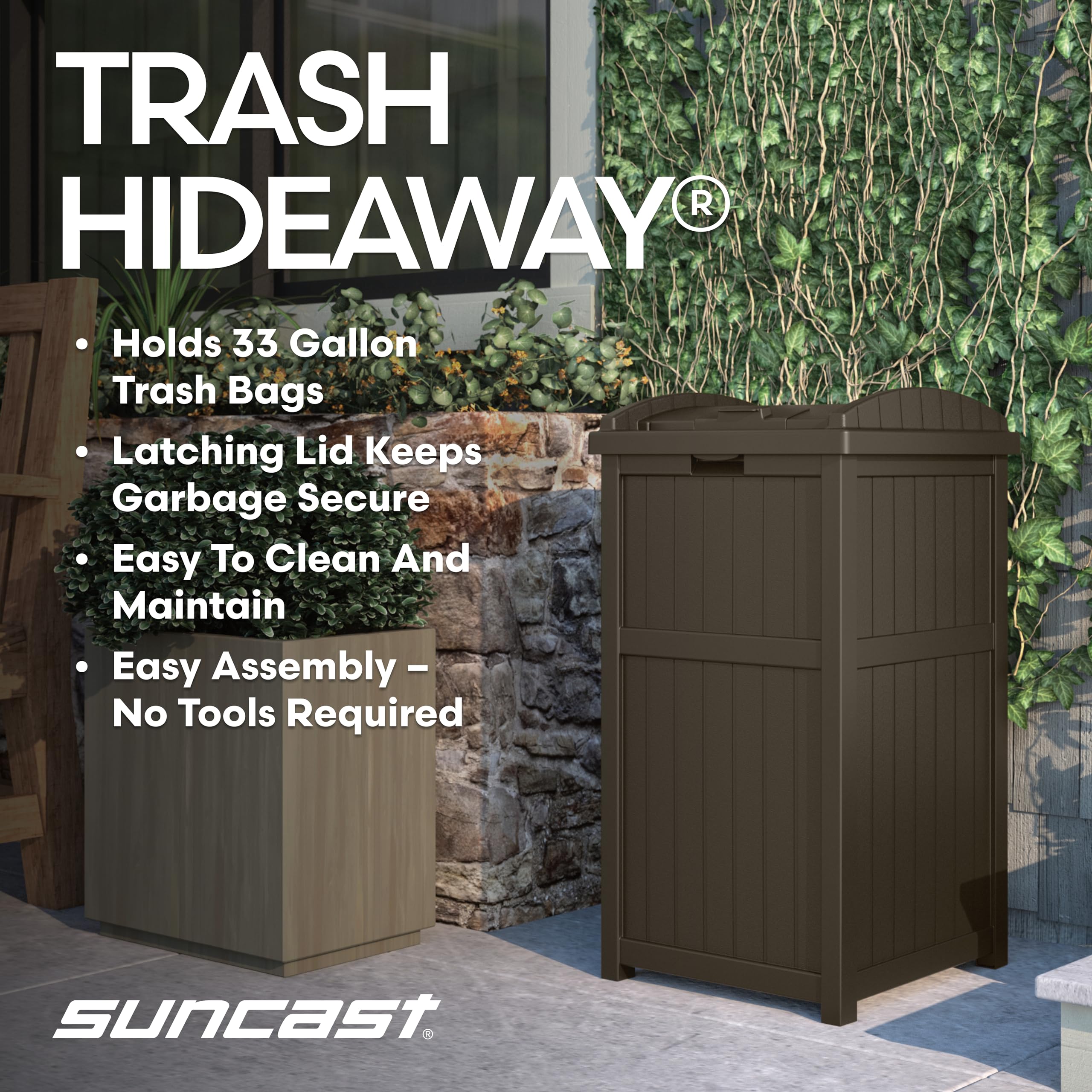 Suncast 33 Gallon Durable resin Hideaway Outdoor Garbage Can with Secure Lid and Wicker Design for Home Backyards, Decks, or Patios, Java Brown - Image 3