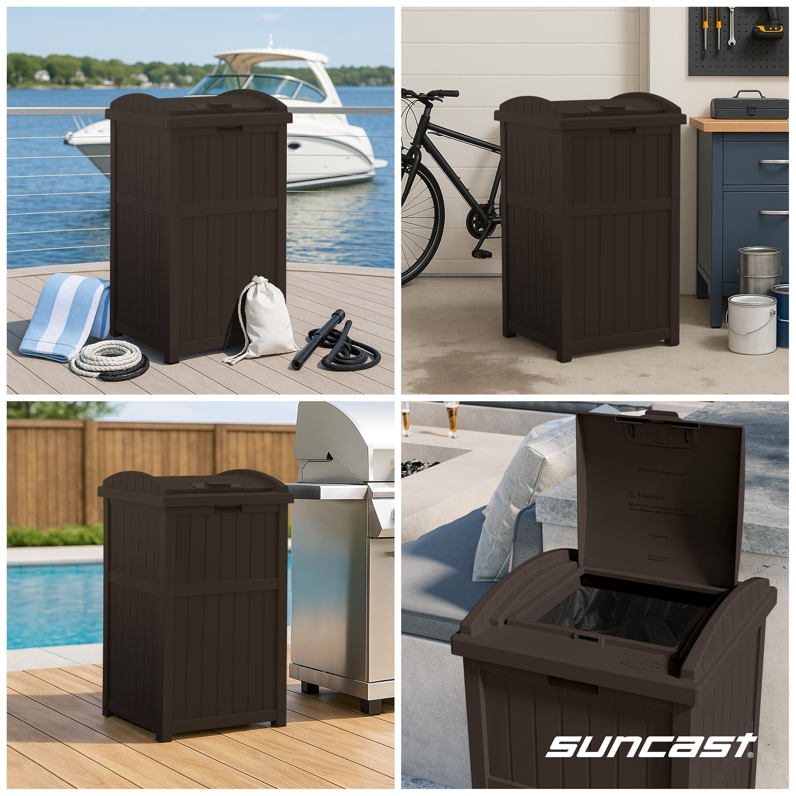 Suncast 33 Gallon Durable resin Hideaway Outdoor Garbage Can with Secure Lid and Wicker Design for Home Backyards, Decks, or Patios, Java Brown - Image 5