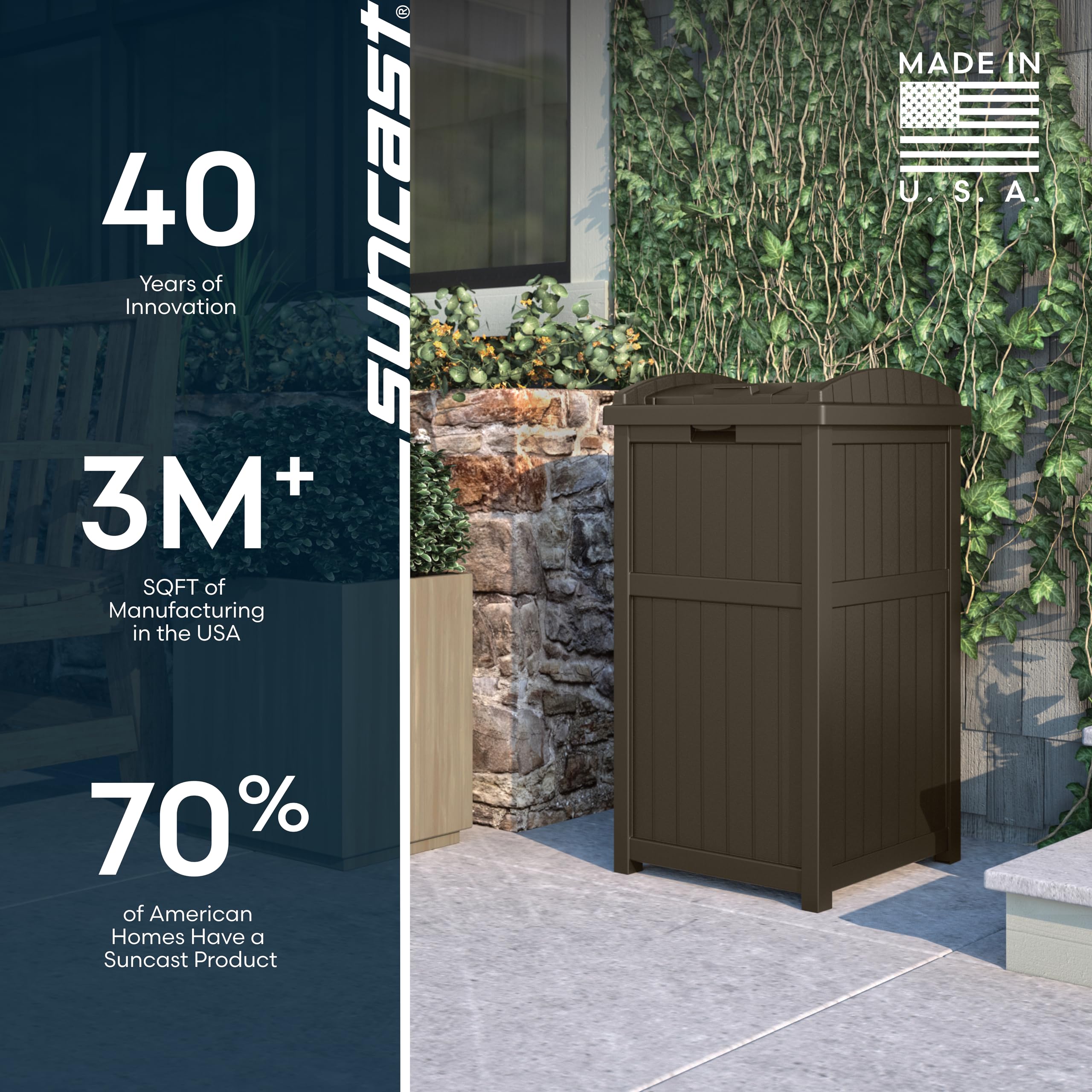 Suncast 33 Gallon Durable resin Hideaway Outdoor Garbage Can with Secure Lid and Wicker Design for Home Backyards, Decks, or Patios, Java Brown - Image 9