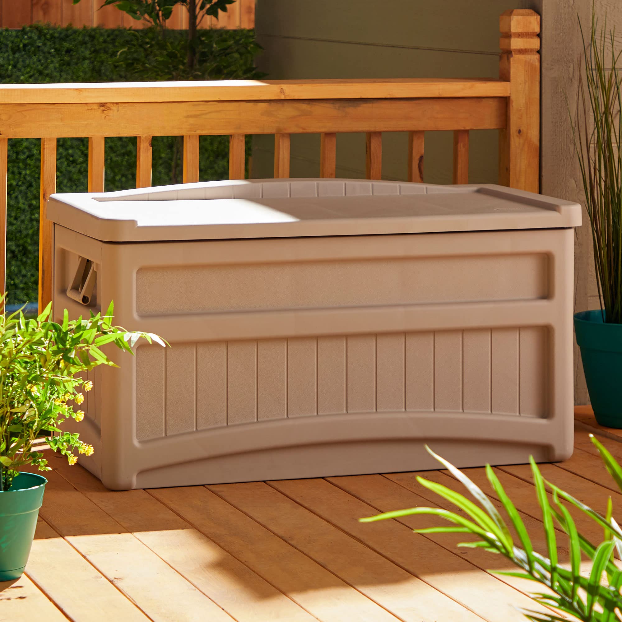Suncast 73 Gallon Indoor/Outdoor Medium Deck Storage Box, Light Taupe - Image 5