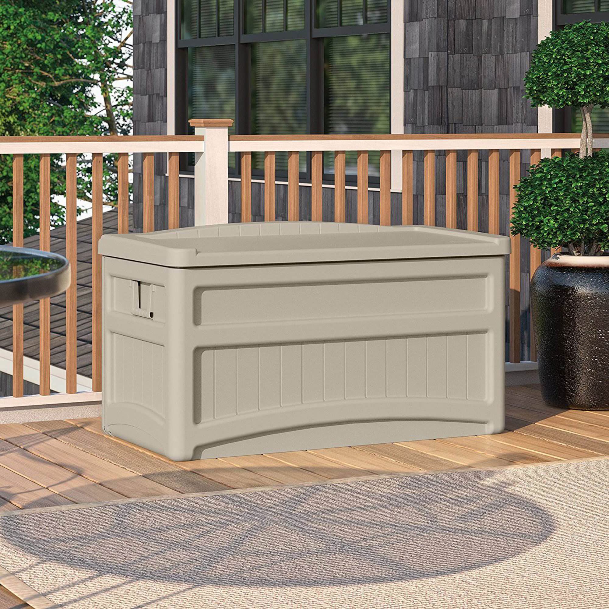 Suncast 73 Gallon Indoor/Outdoor Medium Deck Storage Box, Light Taupe - Image 6