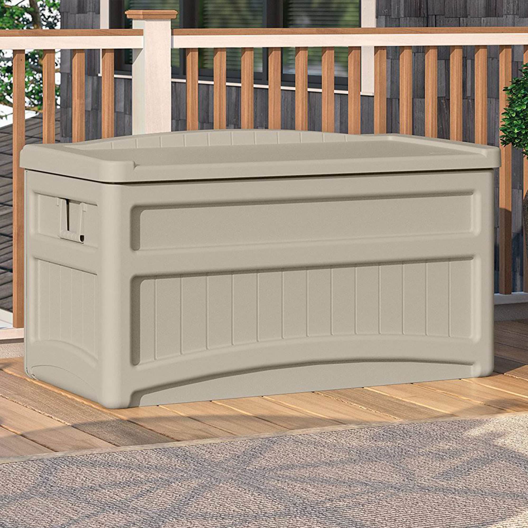 Suncast 73 Gallon Indoor/Outdoor Medium Deck Storage Box, Light Taupe - Image 7
