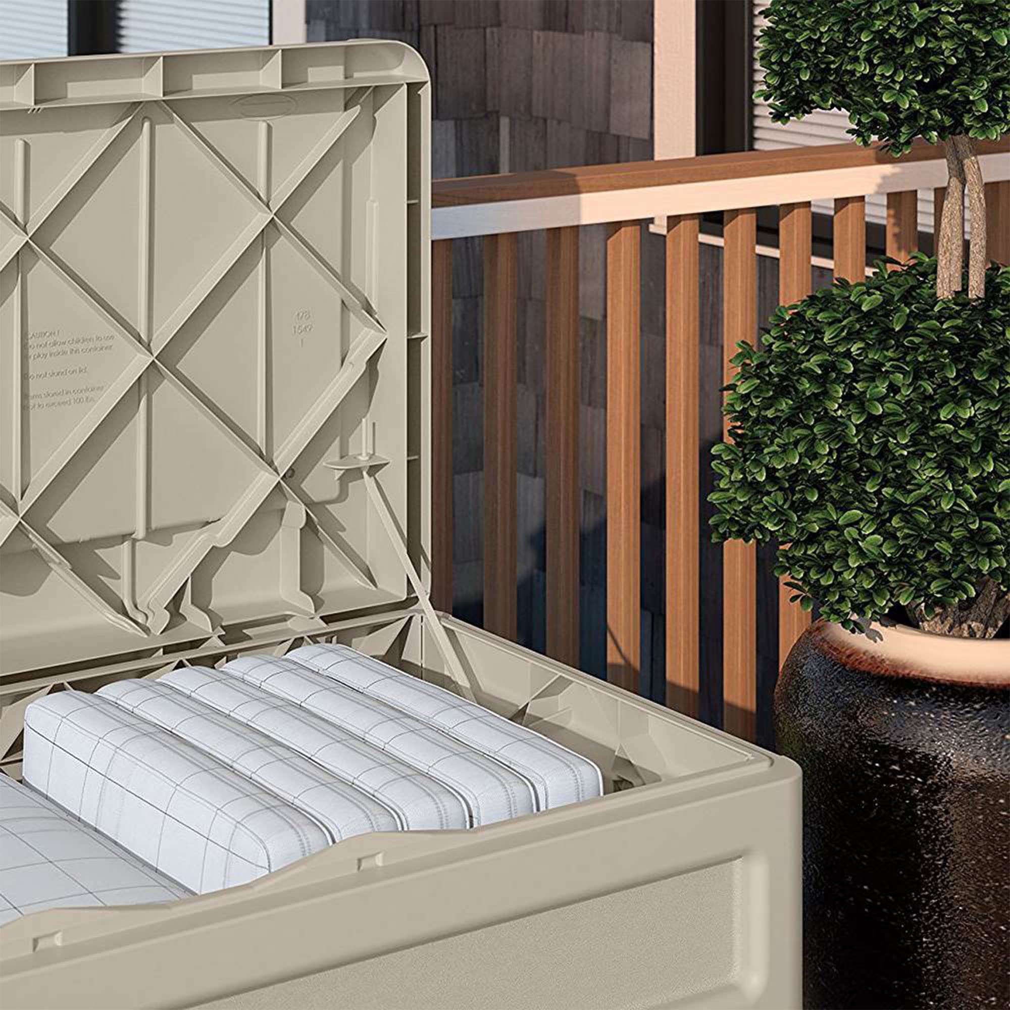 Suncast 73 Gallon Indoor/Outdoor Medium Deck Storage Box, Light Taupe - Image 8