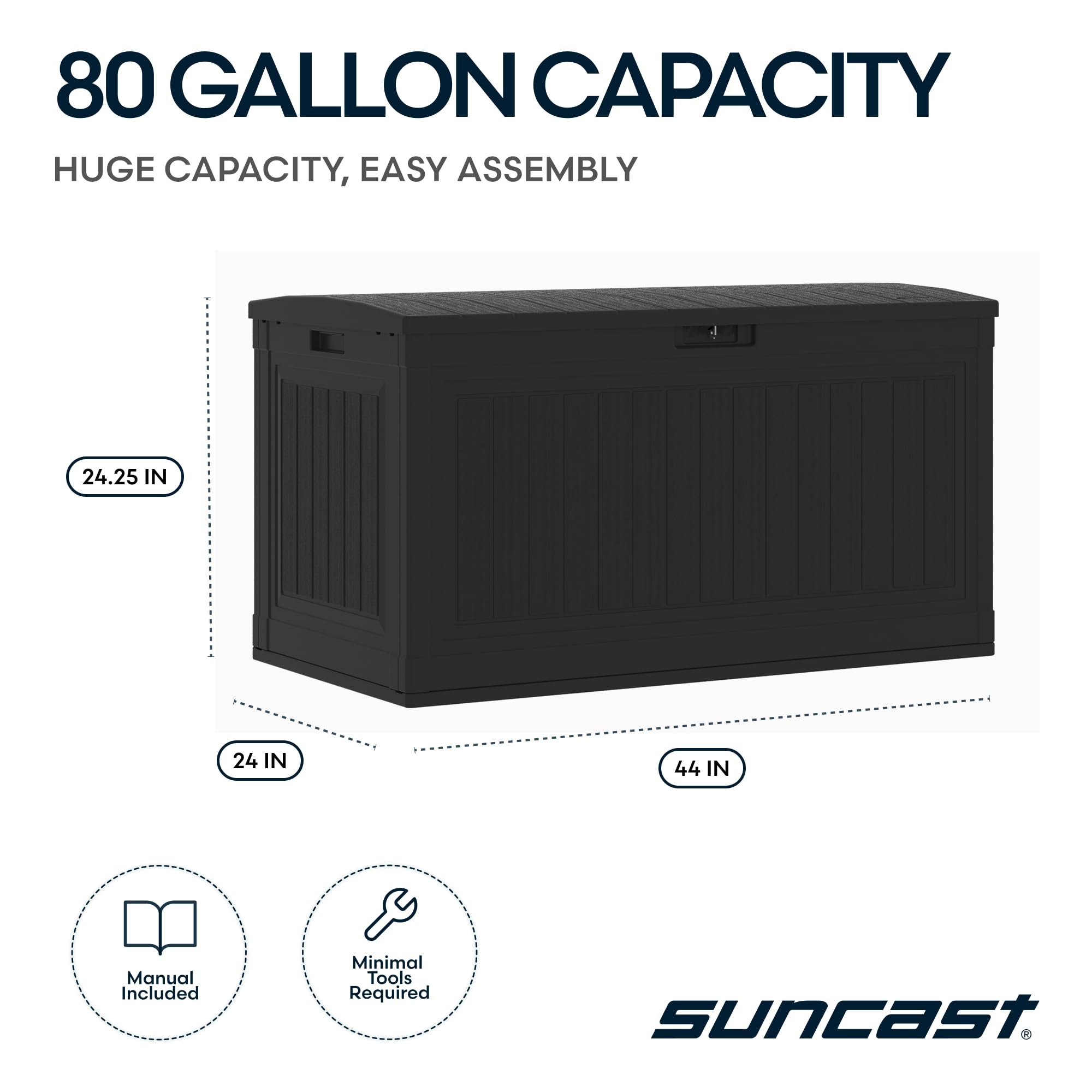 Suncast 80-Gal. Resin Large Outdoor Patio Deck Box with Pad-Lockable Lid, Modern Outdoor Patio Bench/Storage Box for Cushions, Garden Tools, and More, Iron Ore - Image 3