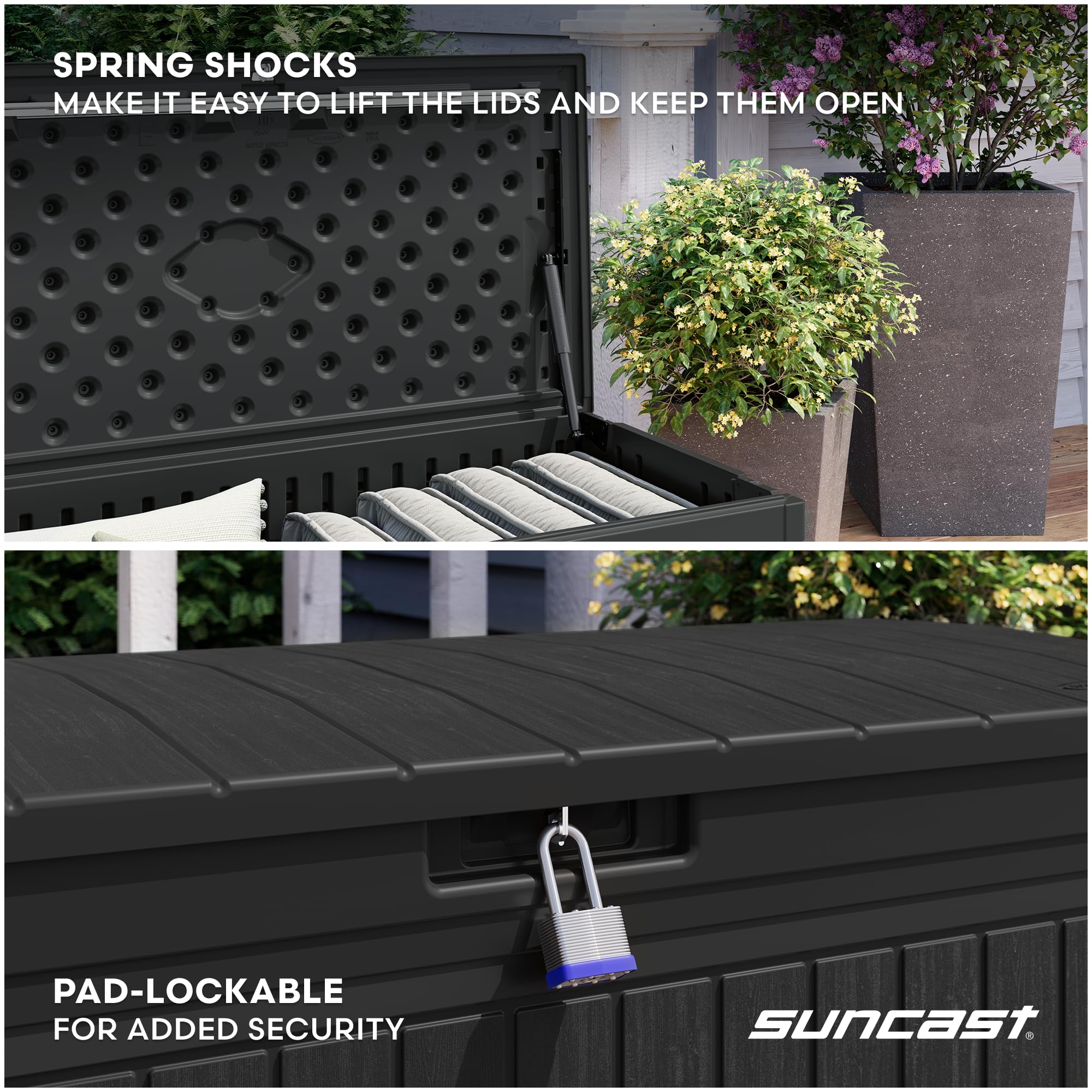 Suncast 80-Gal. Resin Large Outdoor Patio Deck Box with Pad-Lockable Lid, Modern Outdoor Patio Bench/Storage Box for Cushions, Garden Tools, and More, Iron Ore - Image 5
