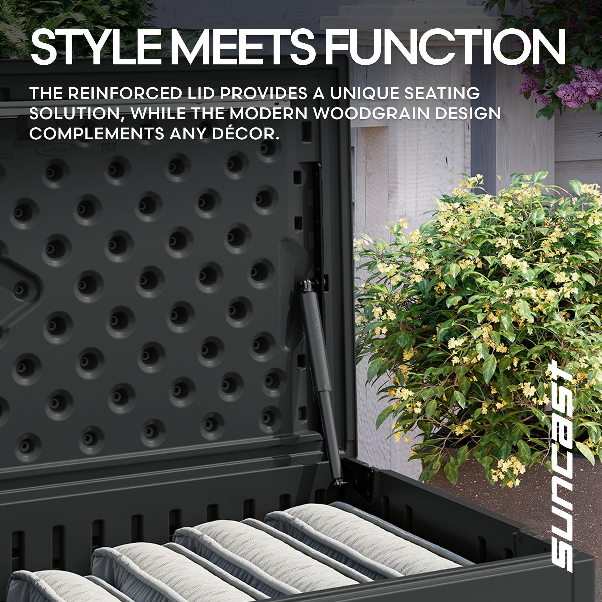 Suncast 80-Gal. Resin Large Outdoor Patio Deck Box with Pad-Lockable Lid, Modern Outdoor Patio Bench/Storage Box for Cushions, Garden Tools, and More, Iron Ore - Image 7
