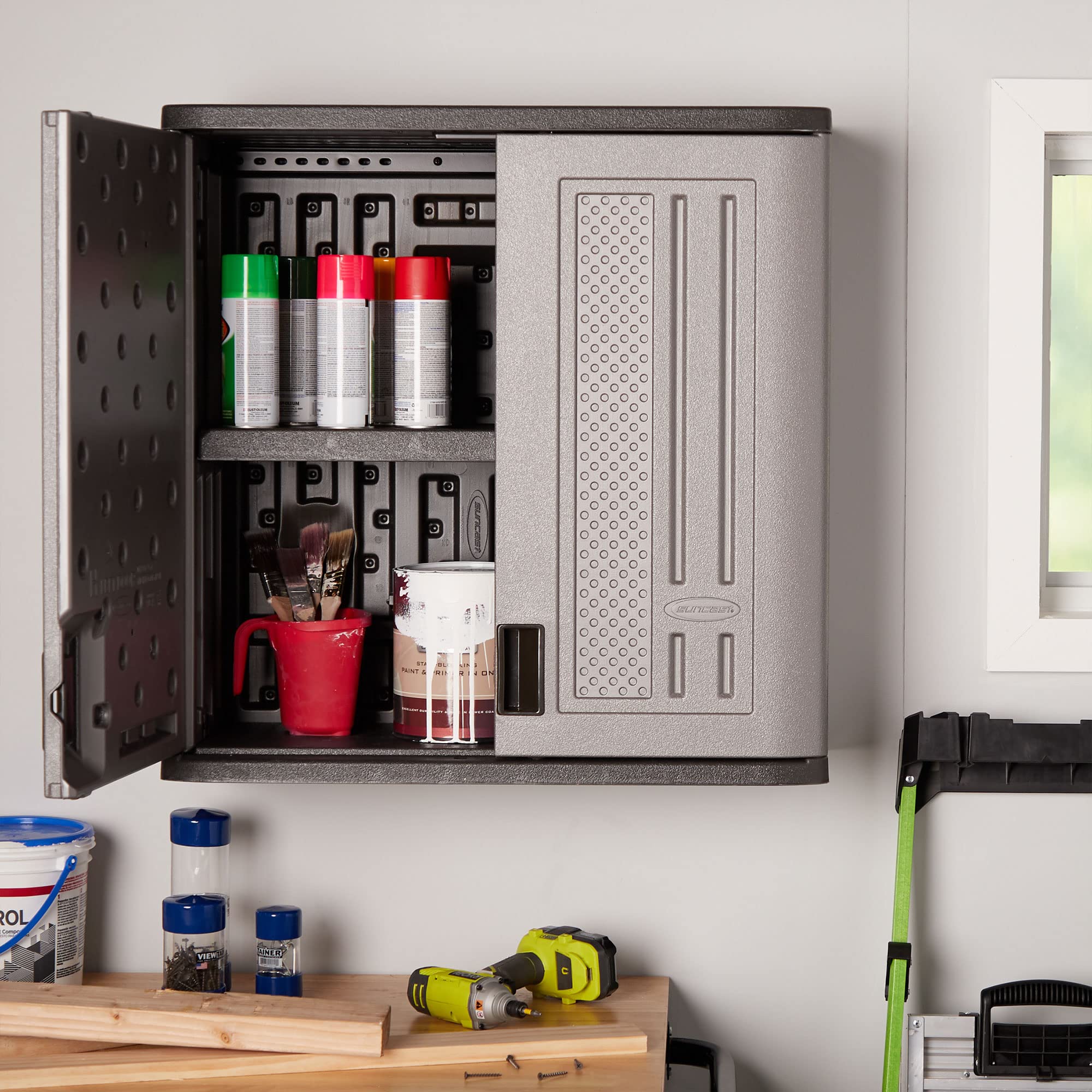 Suncast BMC3000 Cabinet-Resin Construction for Wall Mounted Garage Storage, 30.25" Organizer Doors & Slate Top, Silver/Platinum - Image 9