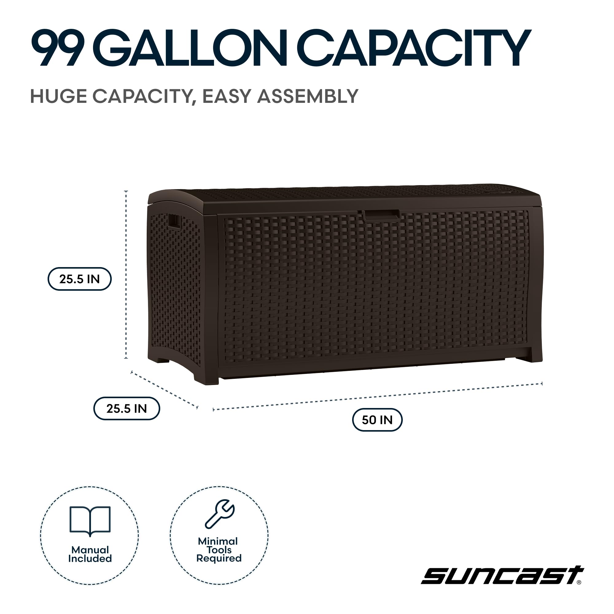 Suncast DBW9200 99 Gallon Outdoor Wicker resin Patio Storage Chest Bin with Handles for Patio, Garden, Garage, or Pool for All Weather, Mocha - Image 3