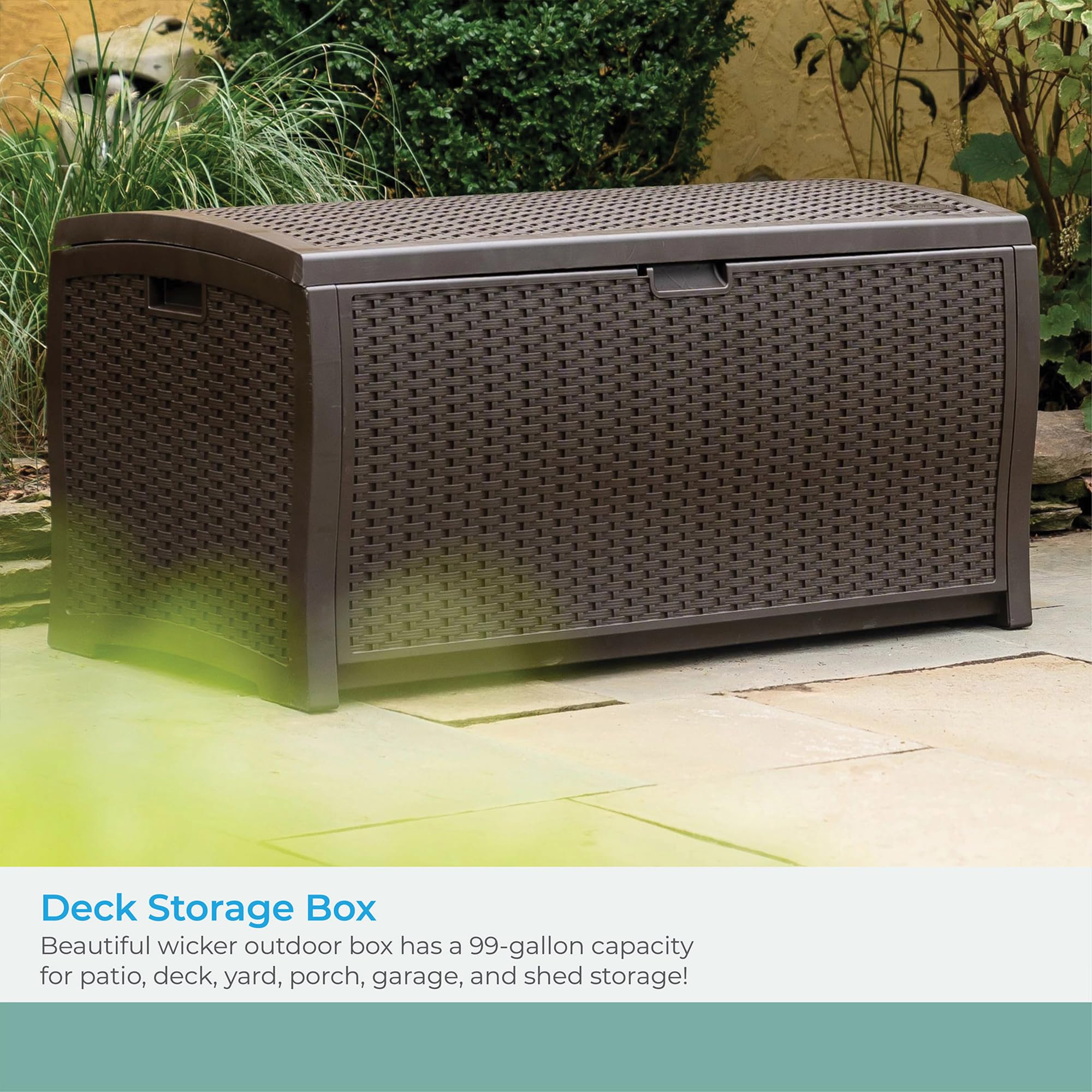 Suncast DBW9200 99 Gallon Outdoor Wicker resin Patio Storage Chest Bin with Handles for Patio, Garden, Garage, or Pool for All Weather, Mocha - Image 4