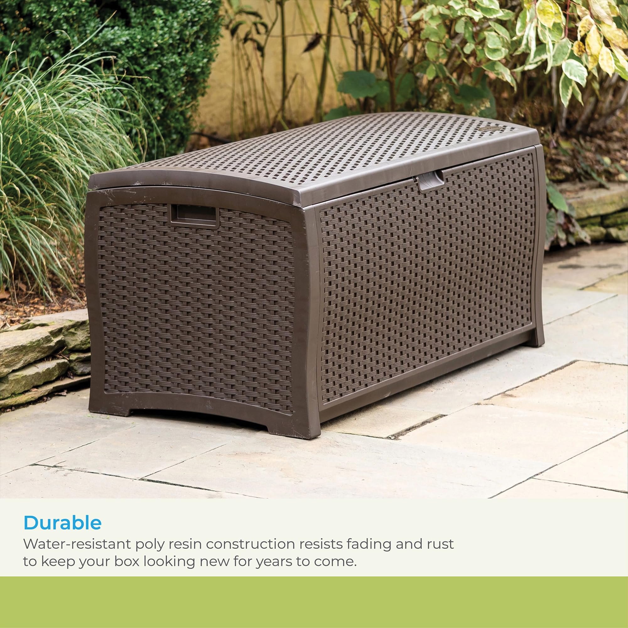 Suncast DBW9200 99 Gallon Outdoor Wicker resin Patio Storage Chest Bin with Handles for Patio, Garden, Garage, or Pool for All Weather, Mocha - Image 5