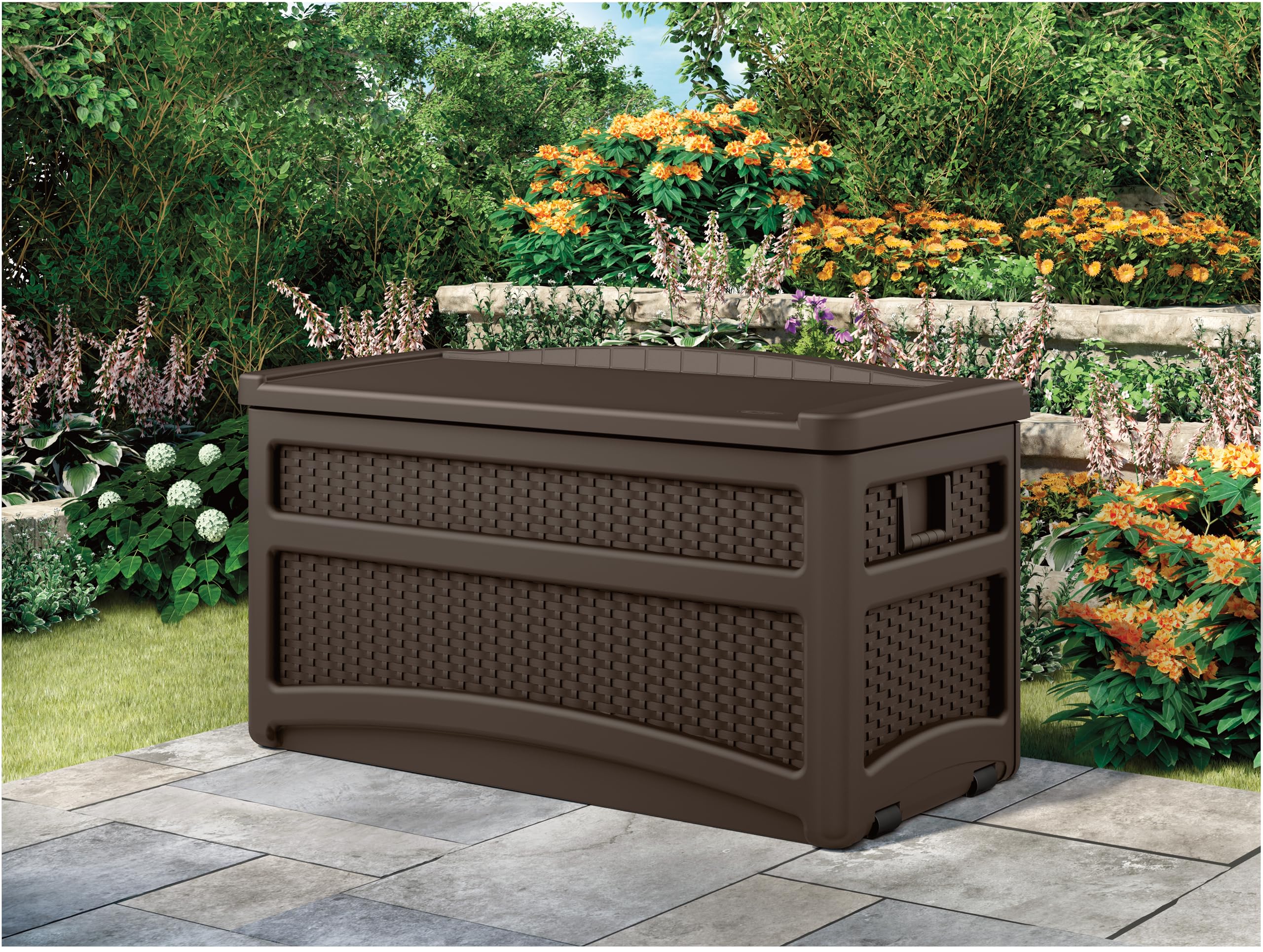 Suncast Durable 73 Gallon Outdoor Resin Storage Chest with Handles, Wheels, and Seat for Patio, Garden, or Pool for Indoor and Outdoor Use, Java - Image 10
