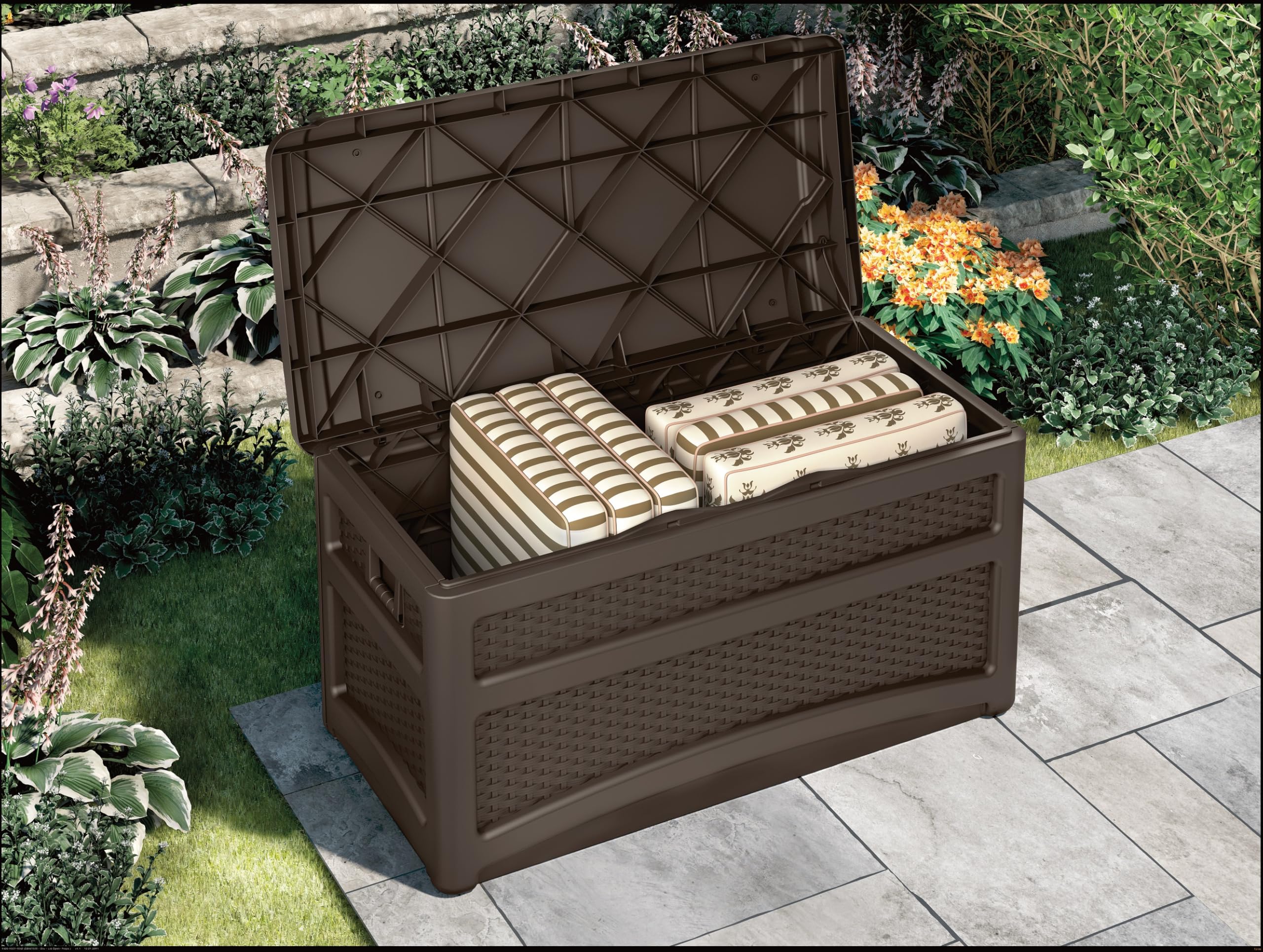 Suncast Durable 73 Gallon Outdoor Resin Storage Chest with Handles, Wheels, and Seat for Patio, Garden, or Pool for Indoor and Outdoor Use, Java - Image 11