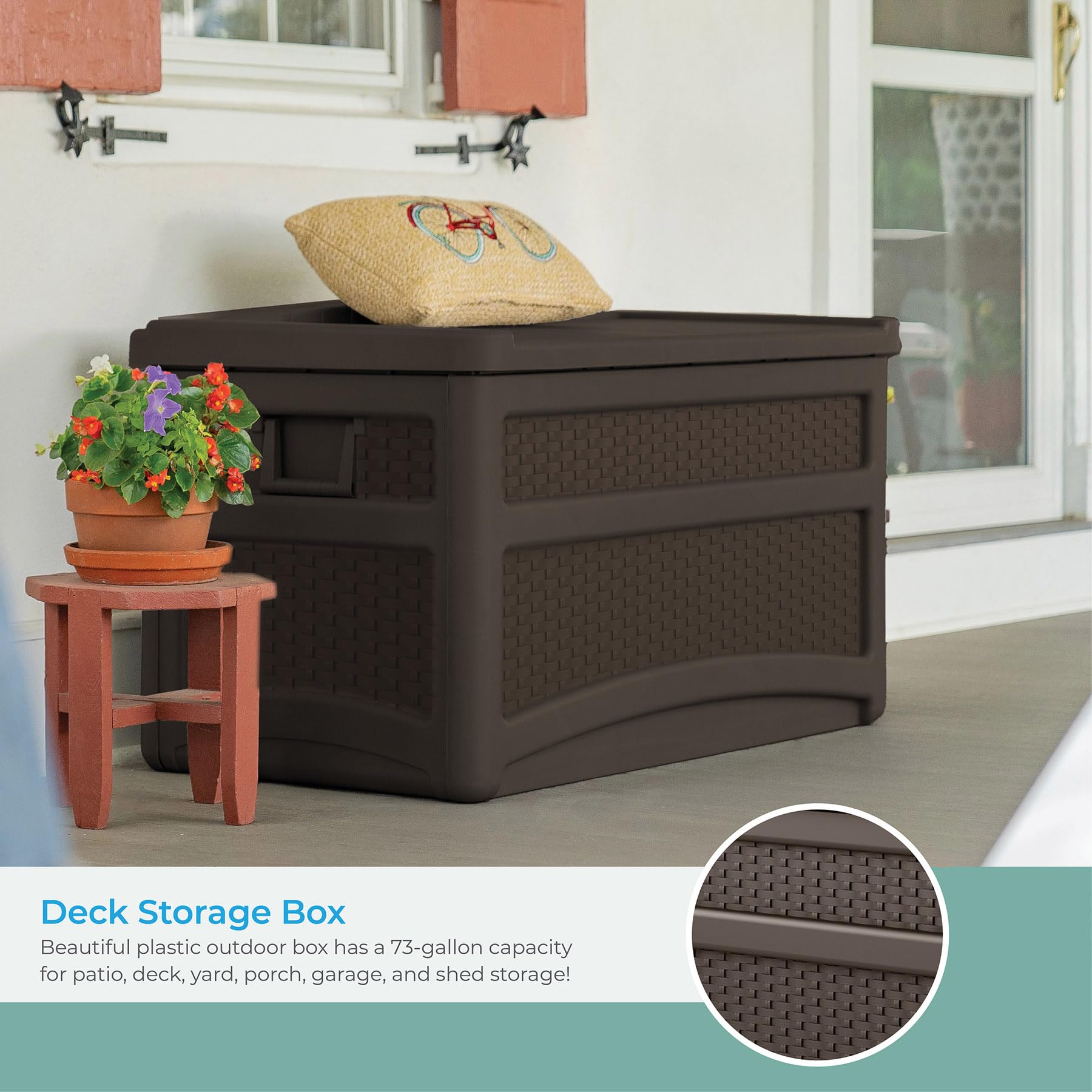 Suncast Durable 73 Gallon Outdoor Resin Storage Chest with Handles, Wheels, and Seat for Patio, Garden, or Pool for Indoor and Outdoor Use, Java - Image 3