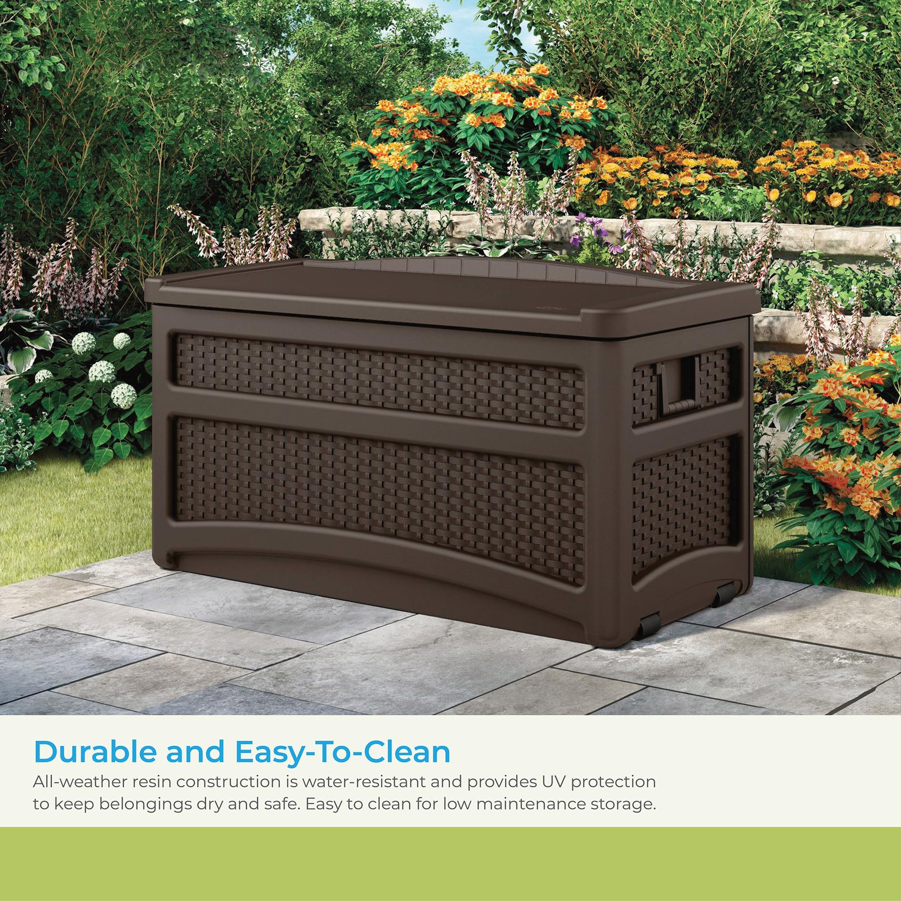 Suncast Durable 73 Gallon Outdoor Resin Storage Chest with Handles, Wheels, and Seat for Patio, Garden, or Pool for Indoor and Outdoor Use, Java - Image 4