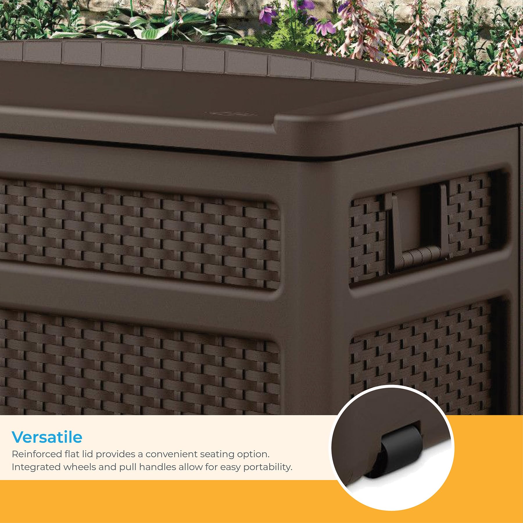 Suncast Durable 73 Gallon Outdoor Resin Storage Chest with Handles, Wheels, and Seat for Patio, Garden, or Pool for Indoor and Outdoor Use, Java - Image 5