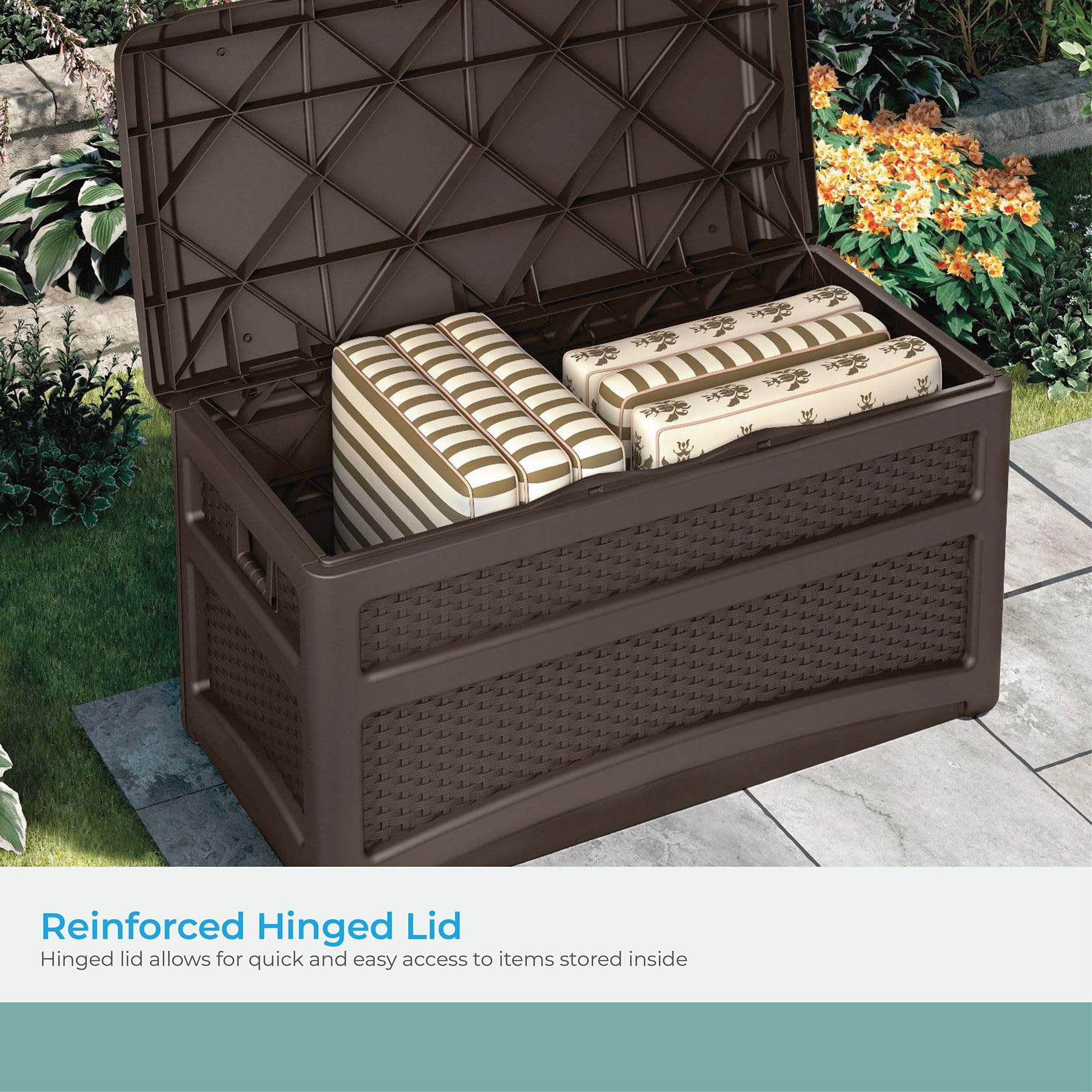 Suncast Durable 73 Gallon Outdoor Resin Storage Chest with Handles, Wheels, and Seat for Patio, Garden, or Pool for Indoor and Outdoor Use, Java - Image 6