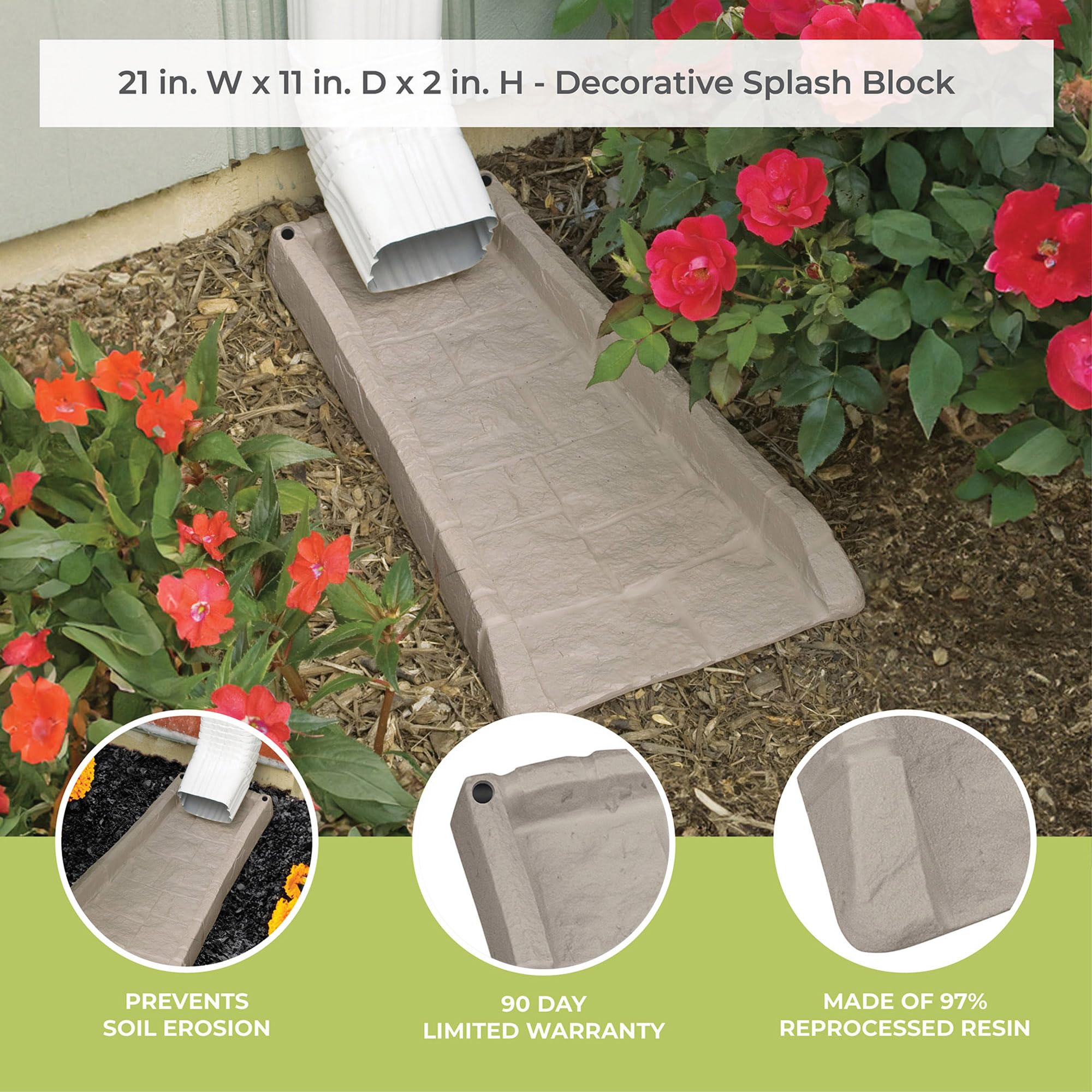 Suncast Easy Assembly Outdoor Decorative Poly Composite Rain Gutter Downspout Splash Block Effective in Any Type of Weather, Stone Light Taupe - Image 7