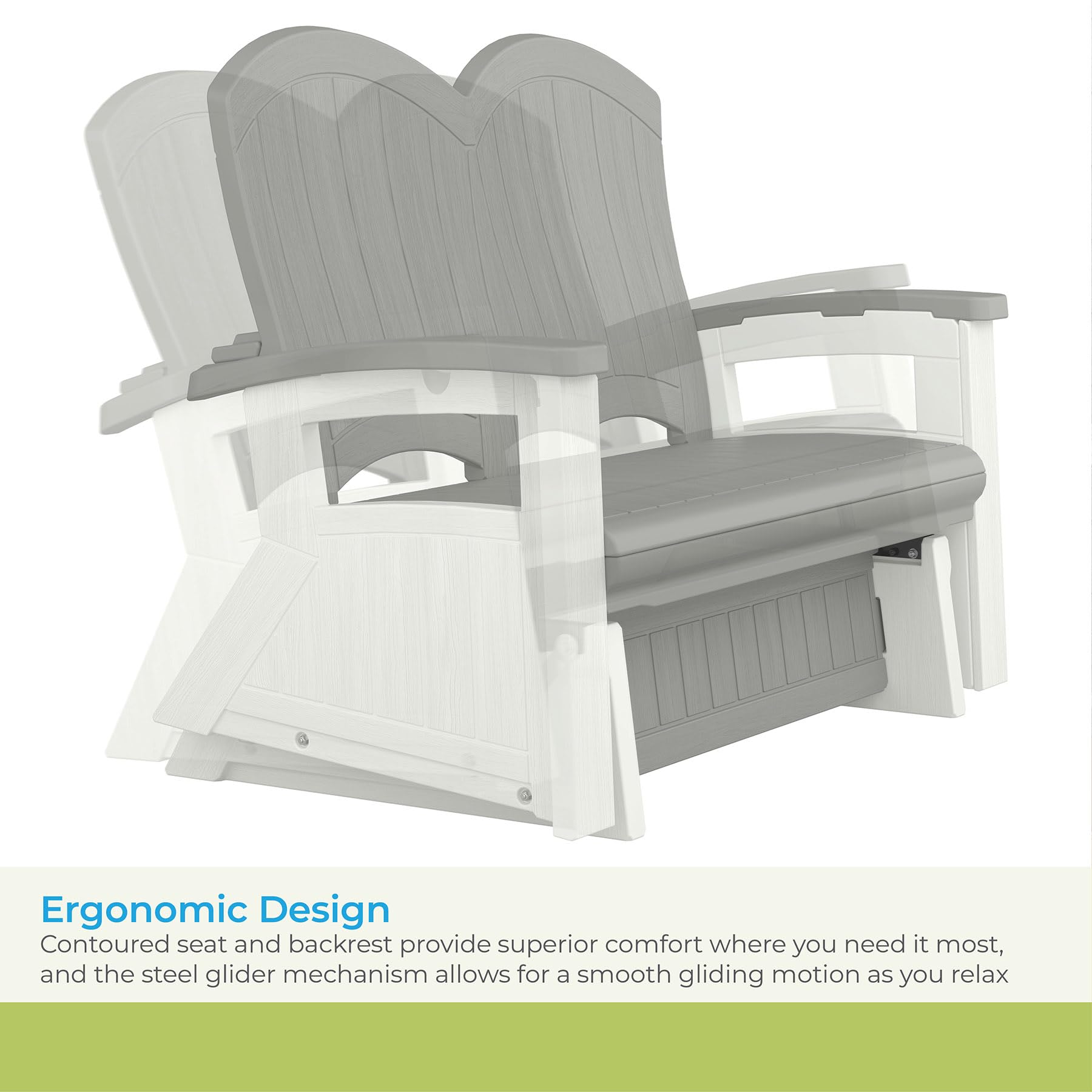 Suncast Ergonomic Adirondack Glider Chair, Blow-Molded Patio Chair with Smooth Gliding Motion, Faux Wood Texture, 500-lb Weight Capacity - Image 5