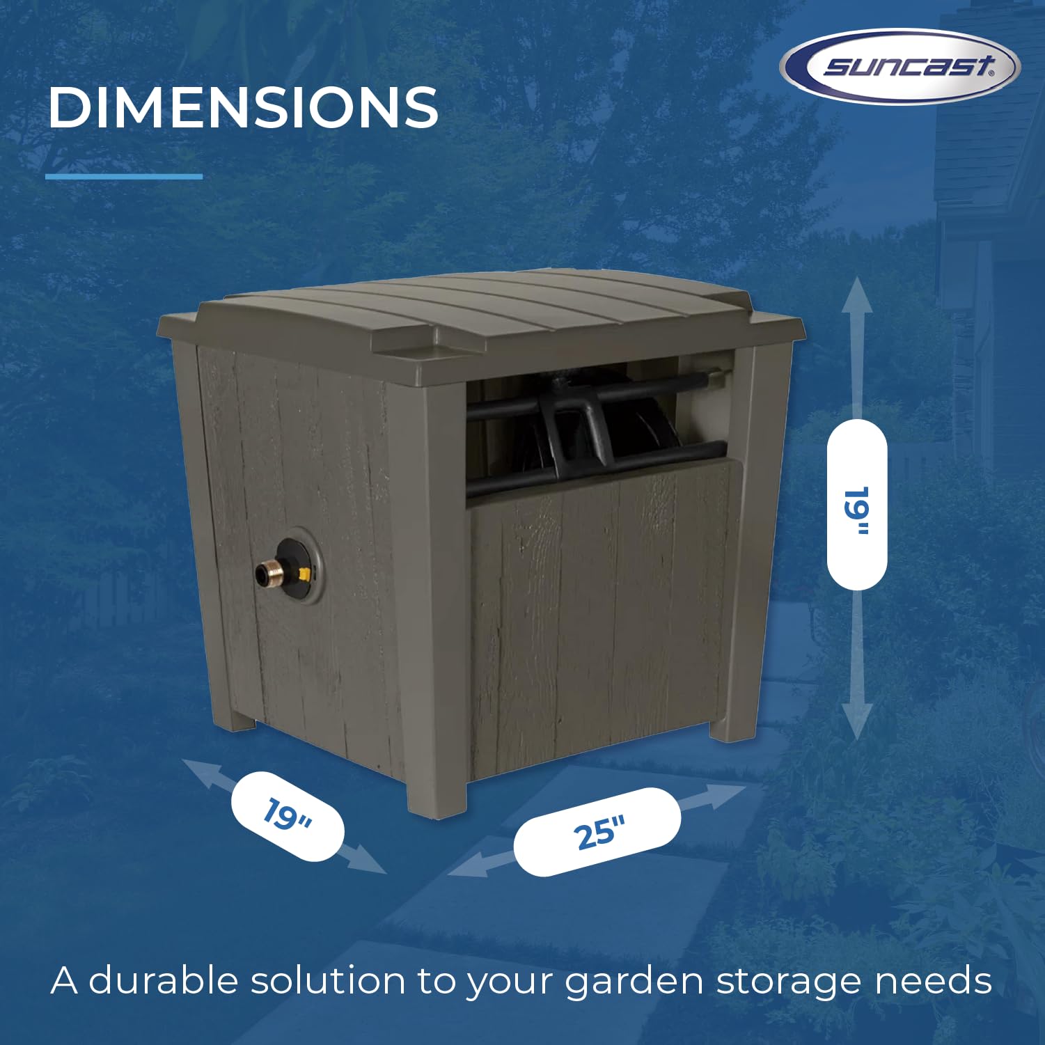 Suncast Farmington Weatherproof Smart-Tube Garden Hose Storage Container, Outdoor Hideaway Garden Hose Storage with Brass Connections, Stoney, 1 pack - Image 3